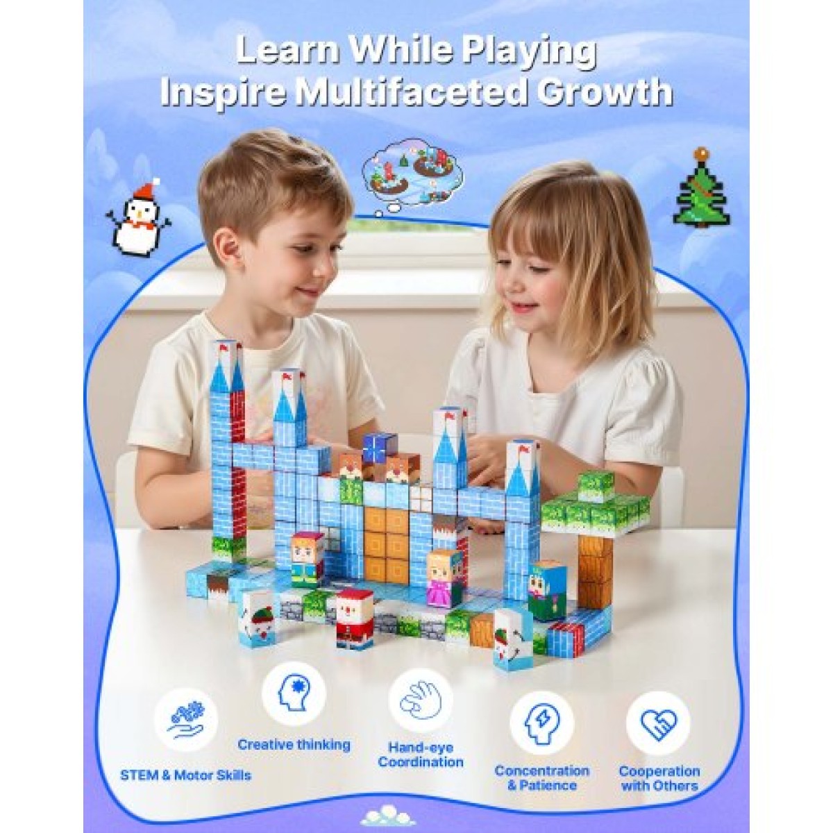 VEVOR Magnetic Blocks, 150 τμχ Glacier Castle Set, Magnetic Building Cubes for Children, STEM Montessori Sensory Toys για Χριστουγεννιάτικο δώρο γενεθλίων, Κατασκευαστικό παιχνίδι στοίβαξης για αγόρια και κορίτσια 3+ ετών