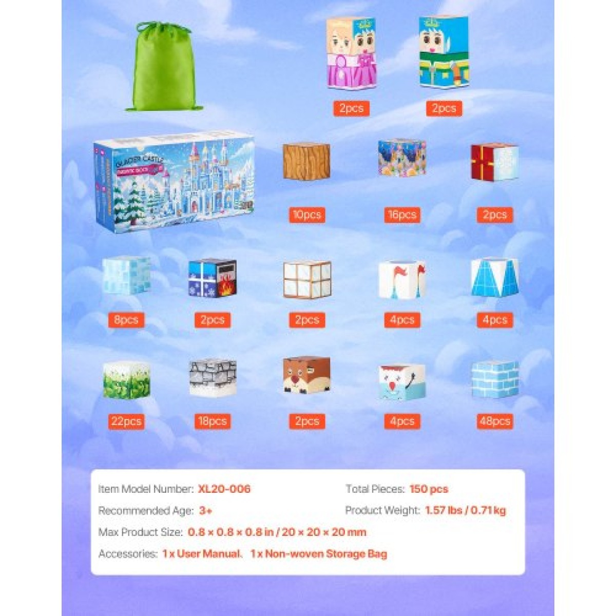 VEVOR Magnetic Blocks, 150 τμχ Glacier Castle Set, Magnetic Building Cubes for Children, STEM Montessori Sensory Toys για Χριστουγεννιάτικο δώρο γενεθλίων, Κατασκευαστικό παιχνίδι στοίβαξης για αγόρια και κορίτσια 3+ ετών