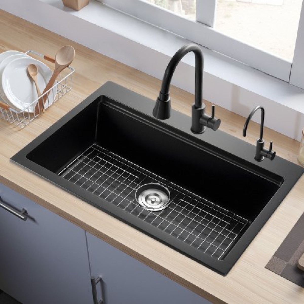 Σταθμός εργασίας νεροχύτη κουζίνας VEVOR 84 cm, νεροχύτες από γρανίτη Top Mount, Λεκάνη αγροικίας με μονό μπολ με πολλά αξεσουάρ, νεροχύτης οικιακού πλυντηρίου πιάτων για RV, Prep Kitchen και Bar (Μαύρο)
