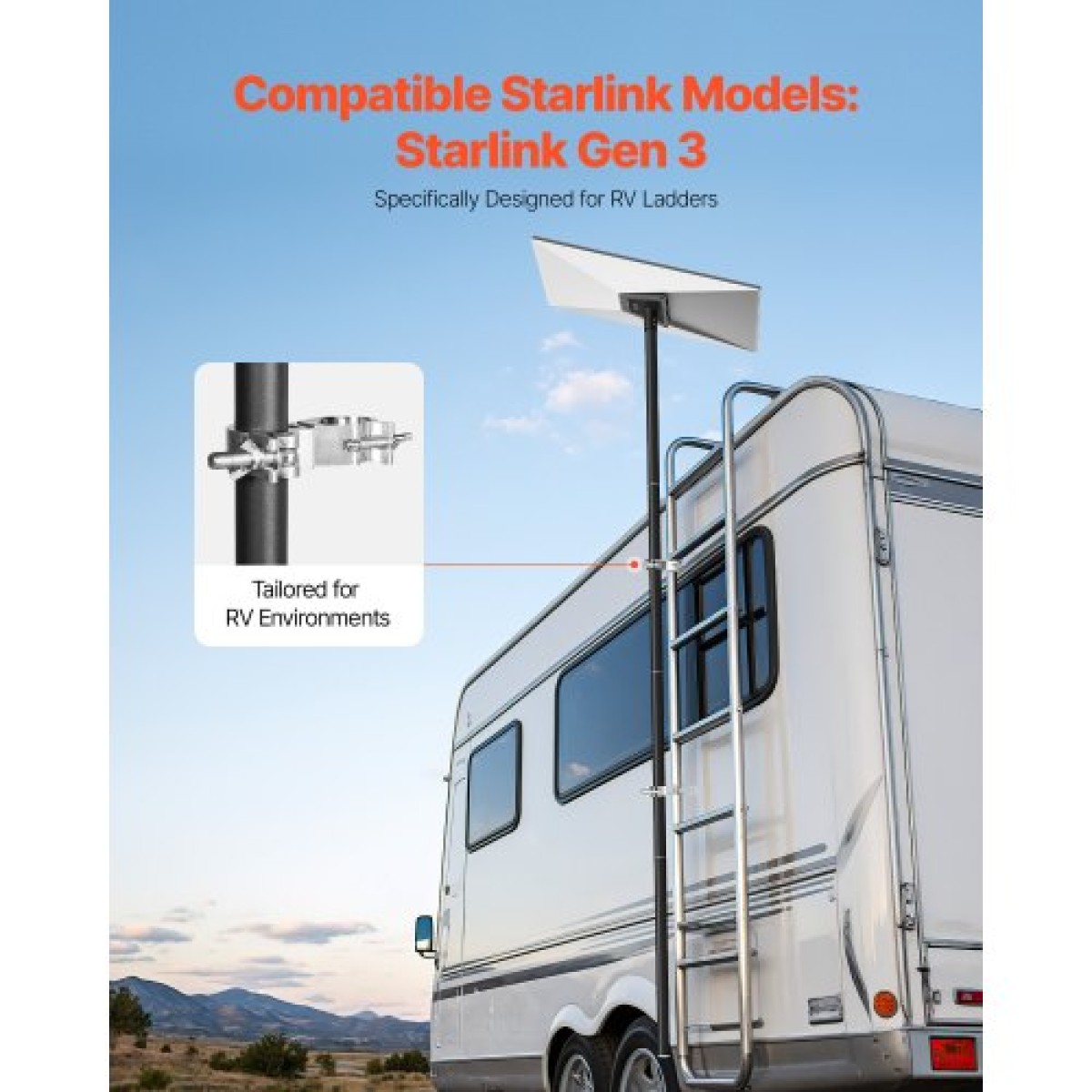 Βάση σκάλας VEVOR Starlink RV, 360° ρυθμιζόμενη γωνία τοποθέτησης Standard κιτ σωλήνων Gen 3, βαρέως τύπου Steel Extra Long Starlink RV Ladder Adapter, Συμβατό με Gen3 και V3, Εύκολη συναρμολόγηση, Μαύρο