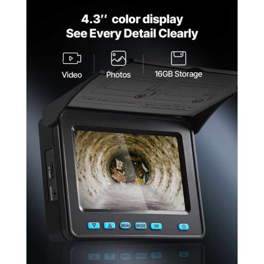 VEVOR Sewer Camera, 30m Drain Inspection Camera, IP68 Waterproof Snake Plumbing Cameras with Lights - 6 ρυθμιζόμενα LED, μπαταρία 4500mAh & Κάρτα 16GB για σωλήνες αγωγών αποχέτευσης
