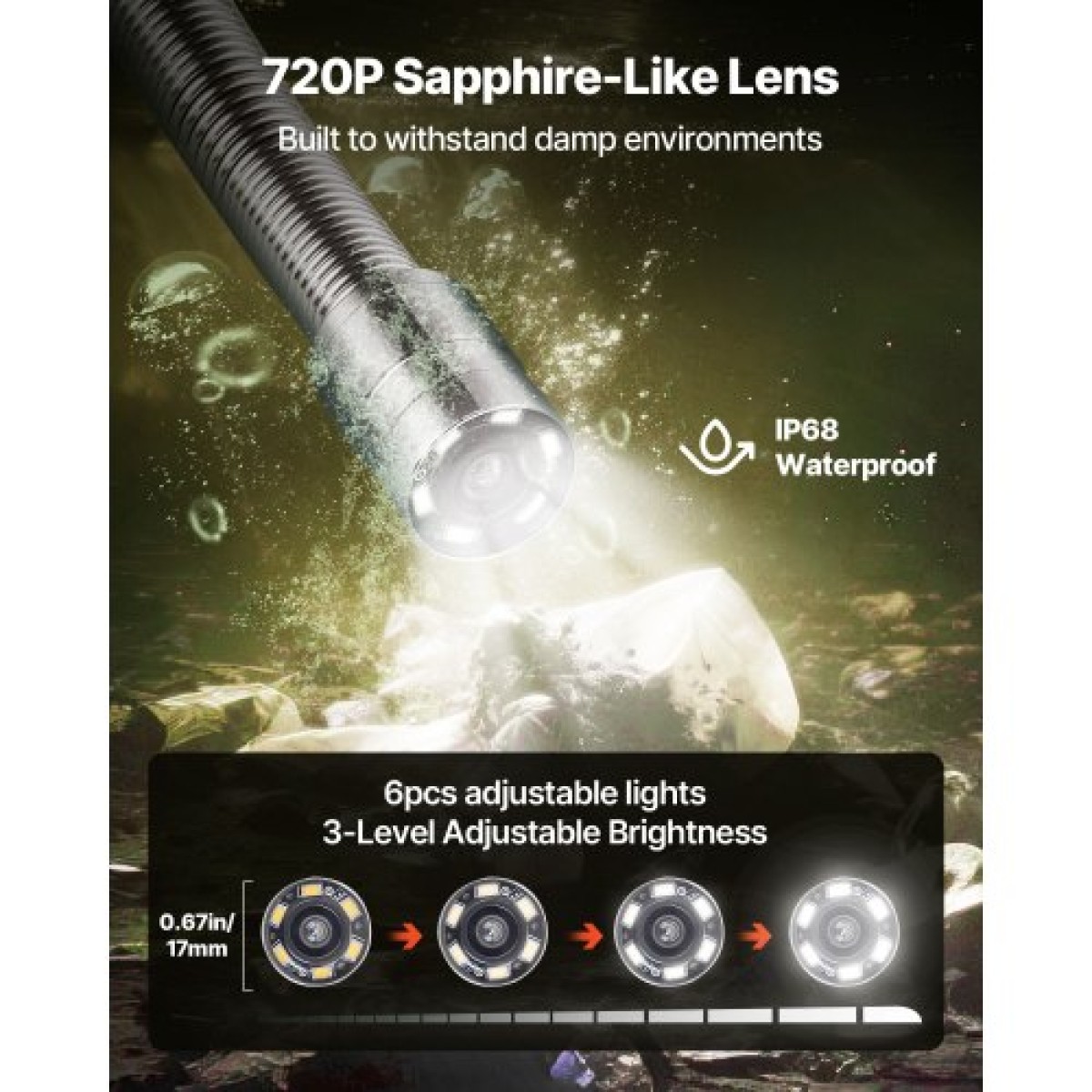 VEVOR Sewer Camera, 30m Drain Inspection Camera, IP68 Waterproof Snake Plumbing Cameras with Lights - 6 ρυθμιζόμενα LED, μπαταρία 4500mAh & Κάρτα 16GB για σωλήνες αγωγών αποχέτευσης