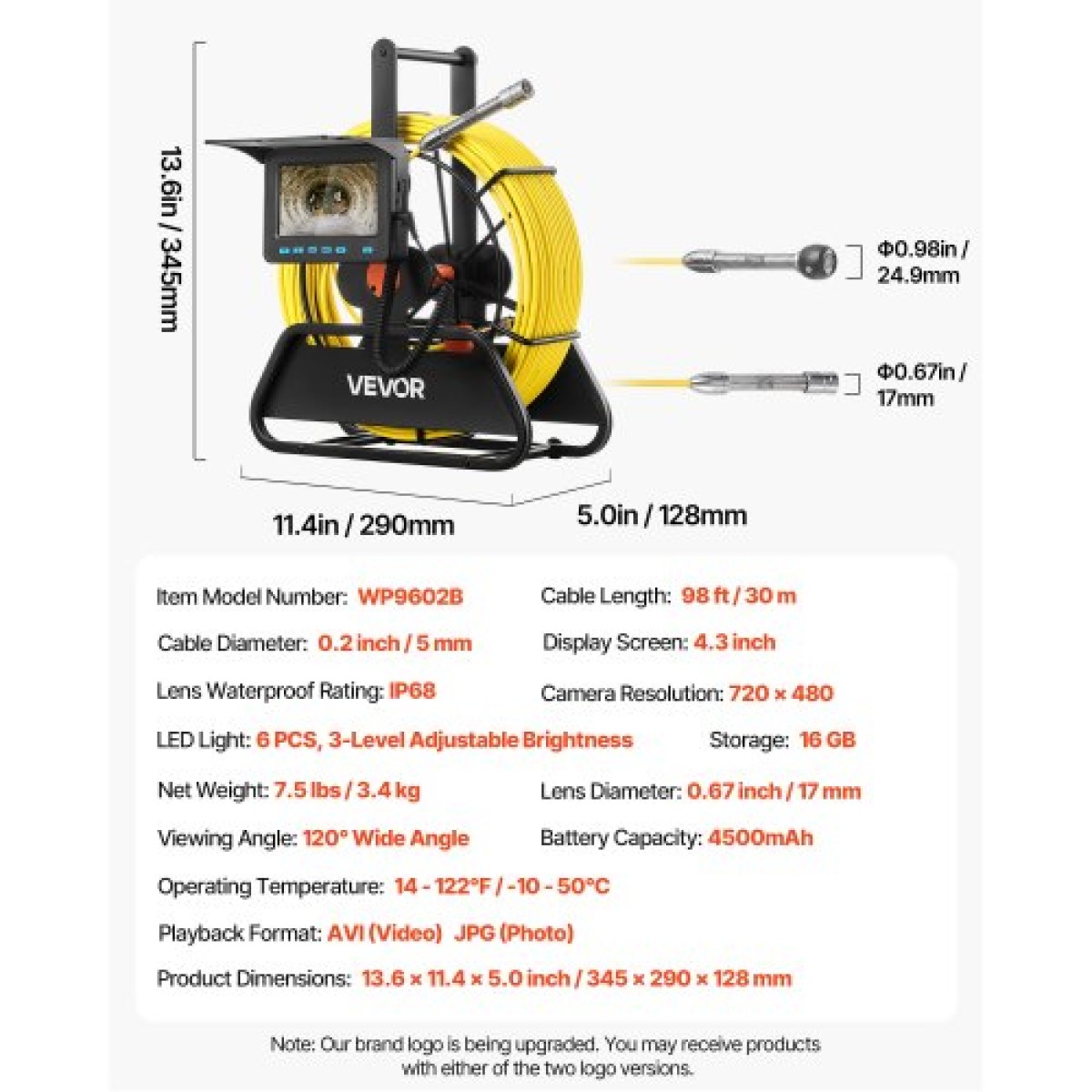 VEVOR Sewer Camera, 30m Drain Inspection Camera, IP68 Waterproof Snake Plumbing Cameras with Lights - 6 ρυθμιζόμενα LED, μπαταρία 4500mAh & Κάρτα 16GB για σωλήνες αγωγών αποχέτευσης