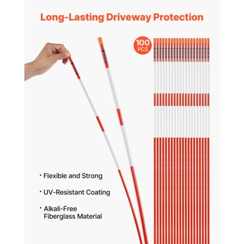 Μαρκαδόροι VEVOR Driveway, 100Pcs 183cm Μήκος 7,87mm, Ανακλαστήρες Hi-Visibility Driveway with 12 in Steel Drill Bits, Reflektive Snow Snow Sticks Fiberglass Pole for Parking, Walkways, Snow Oring