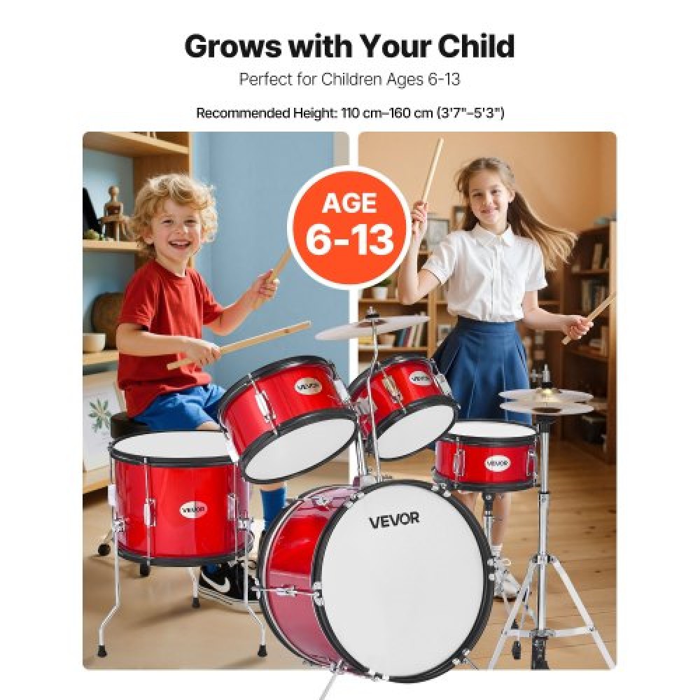 VEVOR Kids Drum Set, 5 τεμαχίων 16 ιντσών / 406,4 mm Junior Drum sets, σετ ντραμς για αρχάριους με ρυθμιζόμενο θρόνο και δύο ζευγάρια τύμπανα, κιτ οργάνων για τύμπανα μουσικής εκμάθησης, για παιδιά 6-13 ετών (Κόκκινο)