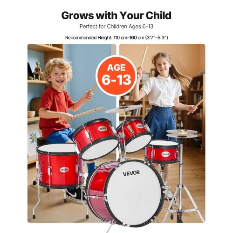 VEVOR Kids Drum Set, 5 τεμαχίων 16 ιντσών / 406,4 mm Junior Drum sets, σετ ντραμς για αρχάριους με ρυθμιζόμενο θρόνο και δύο ζευγάρια τύμπανα, κιτ οργάνων για τύμπανα μουσικής εκμάθησης, για παιδιά 6-13 ετών (Κόκκινο)