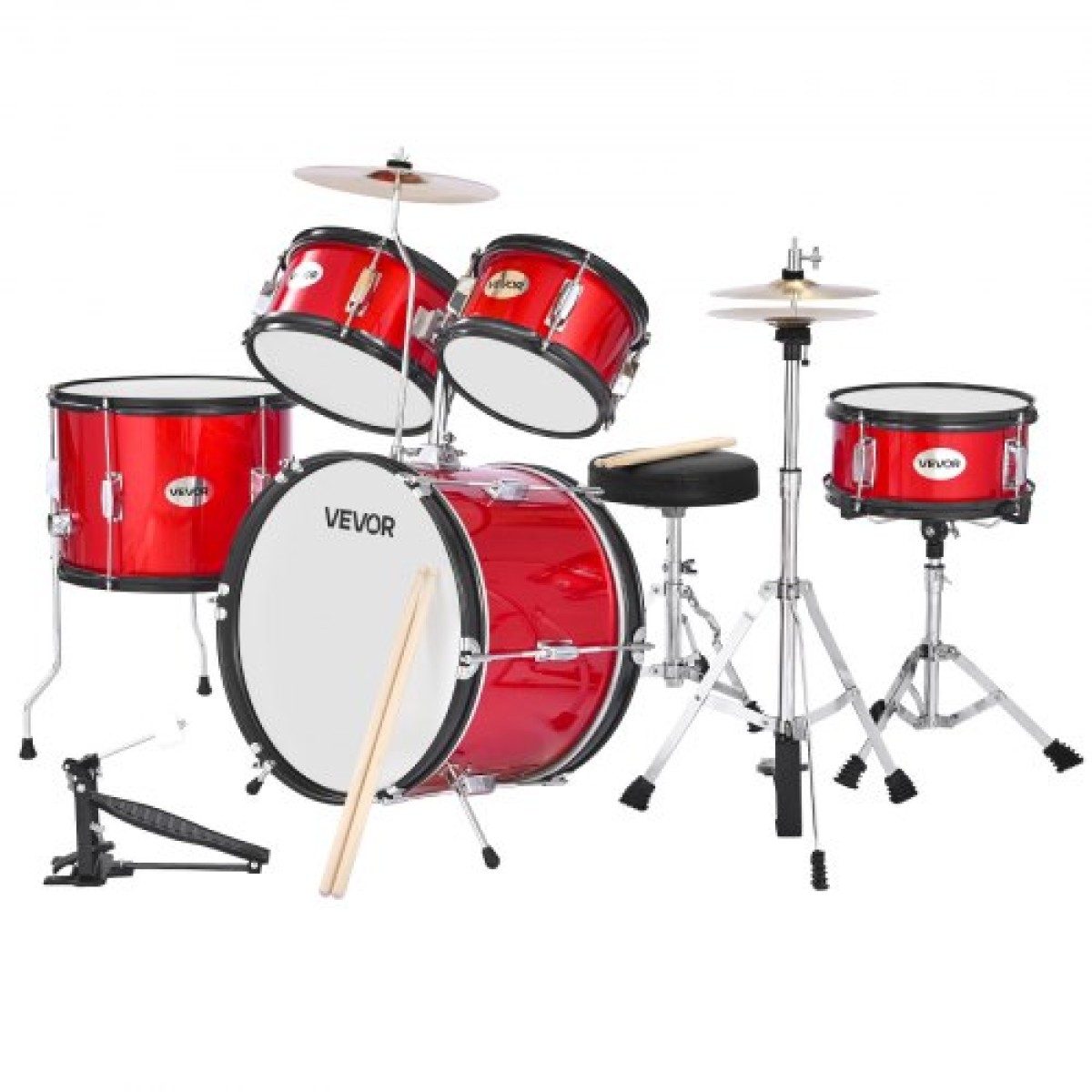 VEVOR Kids Drum Set, 5 τεμαχίων 16 ιντσών / 406,4 mm Junior Drum sets, σετ ντραμς για αρχάριους με ρυθμιζόμενο θρόνο και δύο ζευγάρια τύμπανα, κιτ οργάνων για τύμπανα μουσικής εκμάθησης, για παιδιά 6-13 ετών (Κόκκινο)