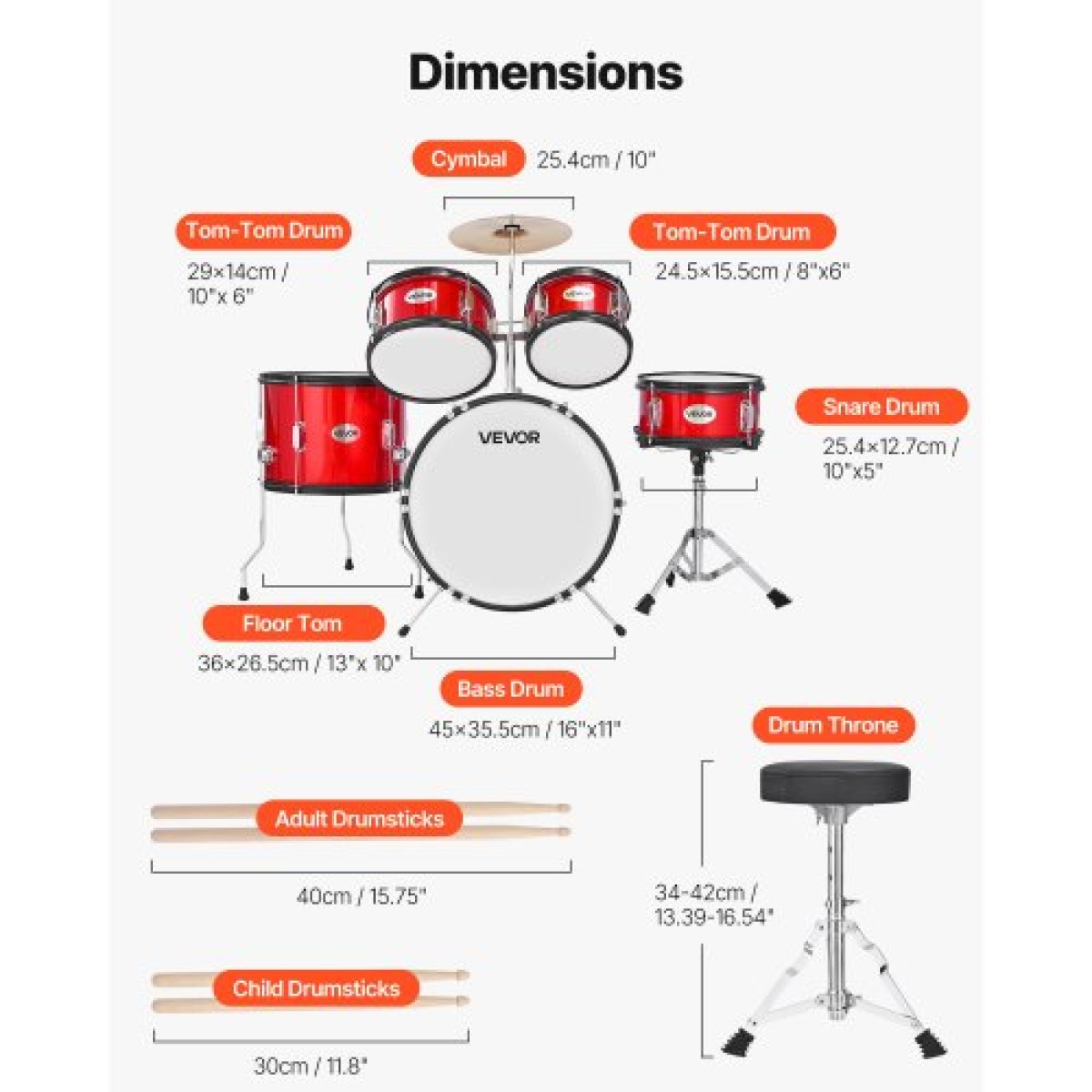 VEVOR Kids Drum Set, 5 τεμαχίων 16 ιντσών / 406,4 mm Junior Drum sets, σετ ντραμς για αρχάριους με ρυθμιζόμενο θρόνο και δύο ζευγάρια τύμπανα, κιτ οργάνων για τύμπανα μουσικής εκμάθησης, για παιδιά 6-13 ετών (Κόκκινο)