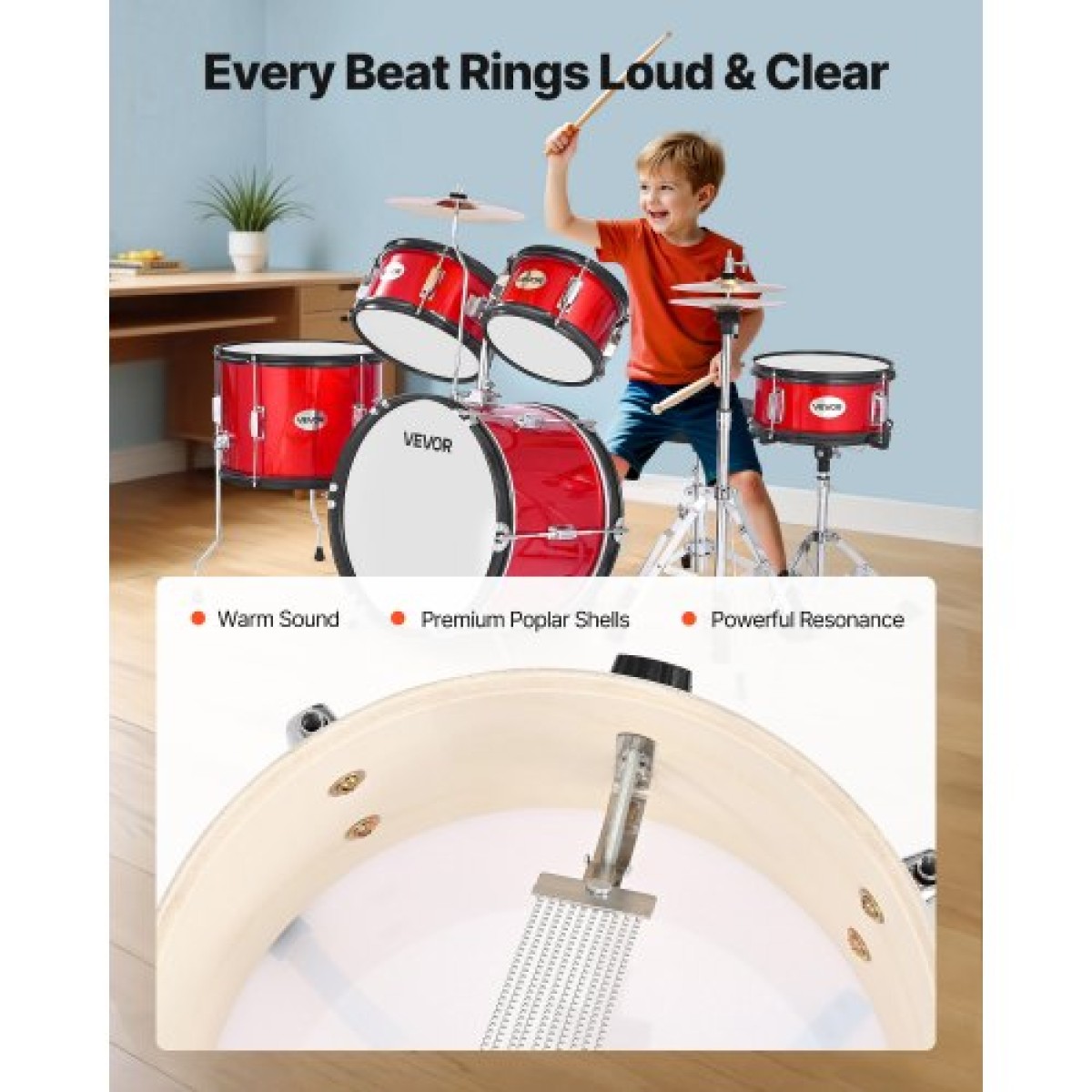 VEVOR Kids Drum Set, 5 τεμαχίων 16 ιντσών / 406,4 mm Junior Drum sets, σετ ντραμς για αρχάριους με ρυθμιζόμενο θρόνο και δύο ζευγάρια τύμπανα, κιτ οργάνων για τύμπανα μουσικής εκμάθησης, για παιδιά 6-13 ετών (Κόκκινο)