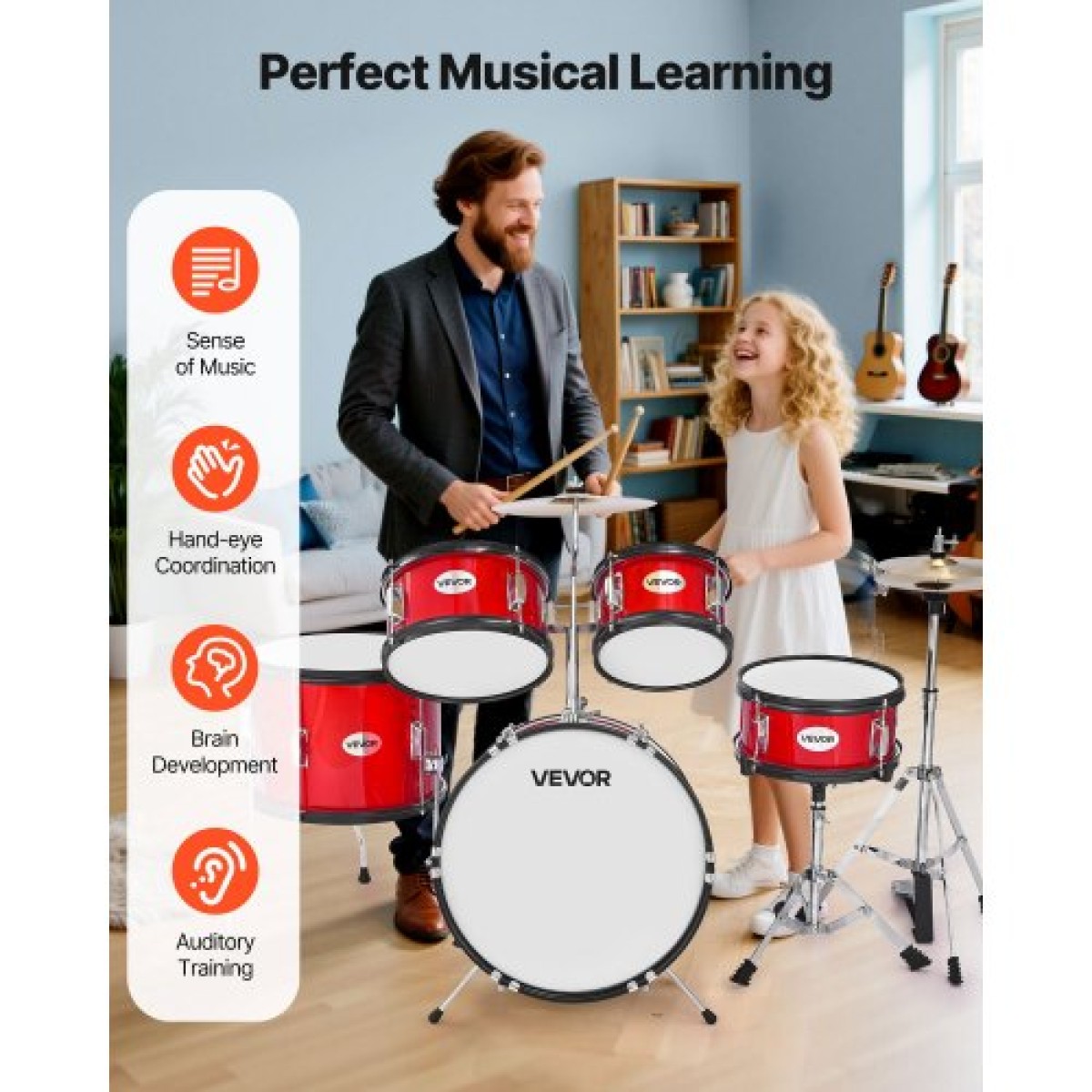 VEVOR Kids Drum Set, 5 τεμαχίων 16 ιντσών / 406,4 mm Junior Drum sets, σετ ντραμς για αρχάριους με ρυθμιζόμενο θρόνο και δύο ζευγάρια τύμπανα, κιτ οργάνων για τύμπανα μουσικής εκμάθησης, για παιδιά 6-13 ετών (Κόκκινο)