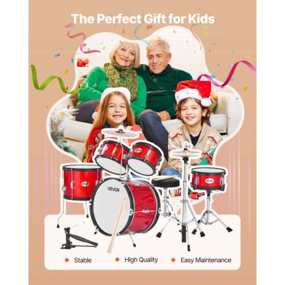 VEVOR Kids Drum Set, 5 τεμαχίων 16 ιντσών / 406,4 mm Junior Drum sets, σετ ντραμς για αρχάριους με ρυθμιζόμενο θρόνο και δύο ζευγάρια τύμπανα, κιτ οργάνων για τύμπανα μουσικής εκμάθησης, για παιδιά 6-13 ετών (Κόκκινο)
