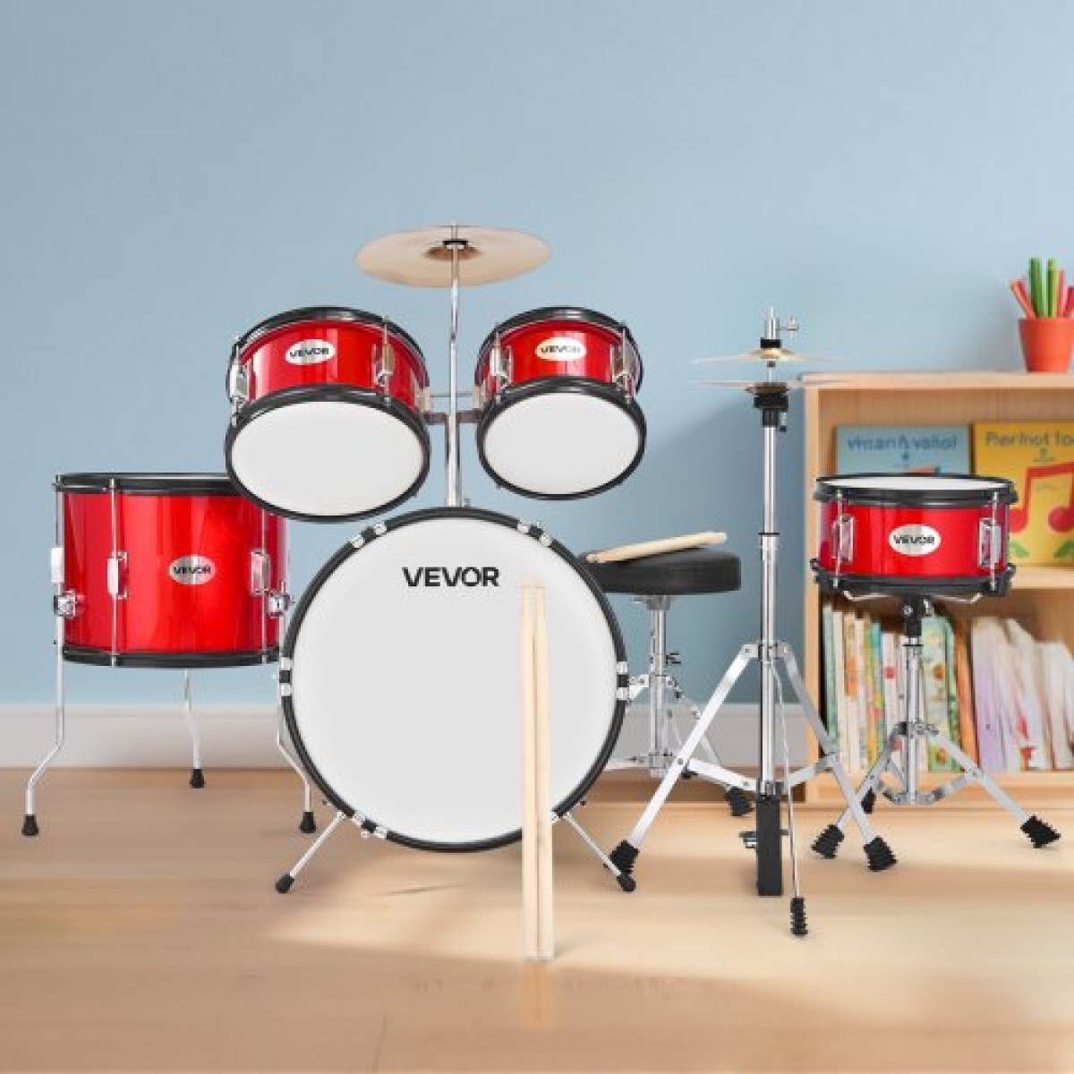 VEVOR Kids Drum Set, 5 τεμαχίων 16 ιντσών / 406,4 mm Junior Drum sets, σετ ντραμς για αρχάριους με ρυθμιζόμενο θρόνο και δύο ζευγάρια τύμπανα, κιτ οργάνων για τύμπανα μουσικής εκμάθησης, για παιδιά 6-13 ετών (Κόκκινο)