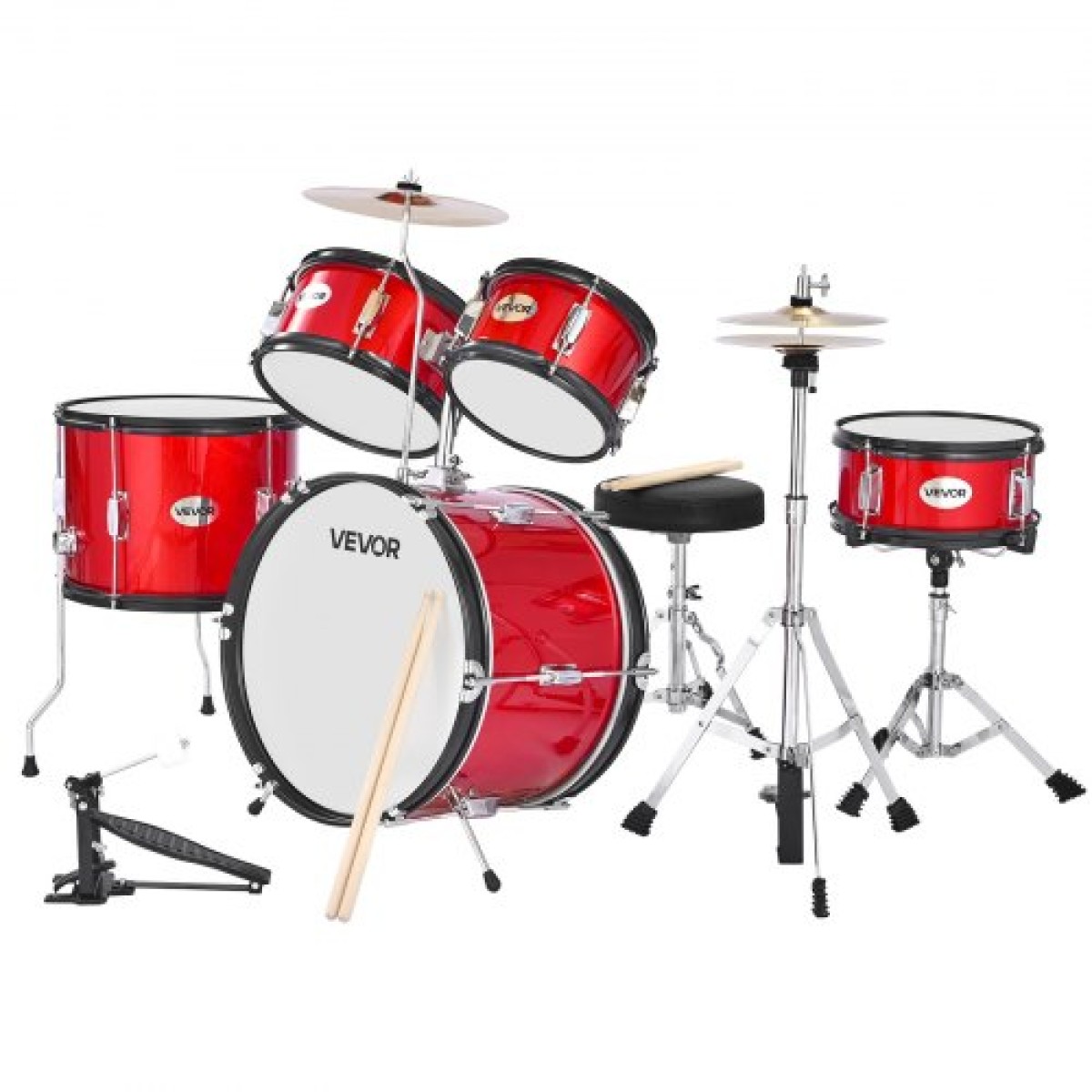 VEVOR Kids Drum Set, 5 τεμαχίων 16 ιντσών / 406,4 mm Junior Drum sets, σετ ντραμς για αρχάριους με ρυθμιζόμενο θρόνο και δύο ζευγάρια τύμπανα, κιτ οργάνων για τύμπανα μουσικής εκμάθησης, για παιδιά 6-13 ετών (Κόκκινο)