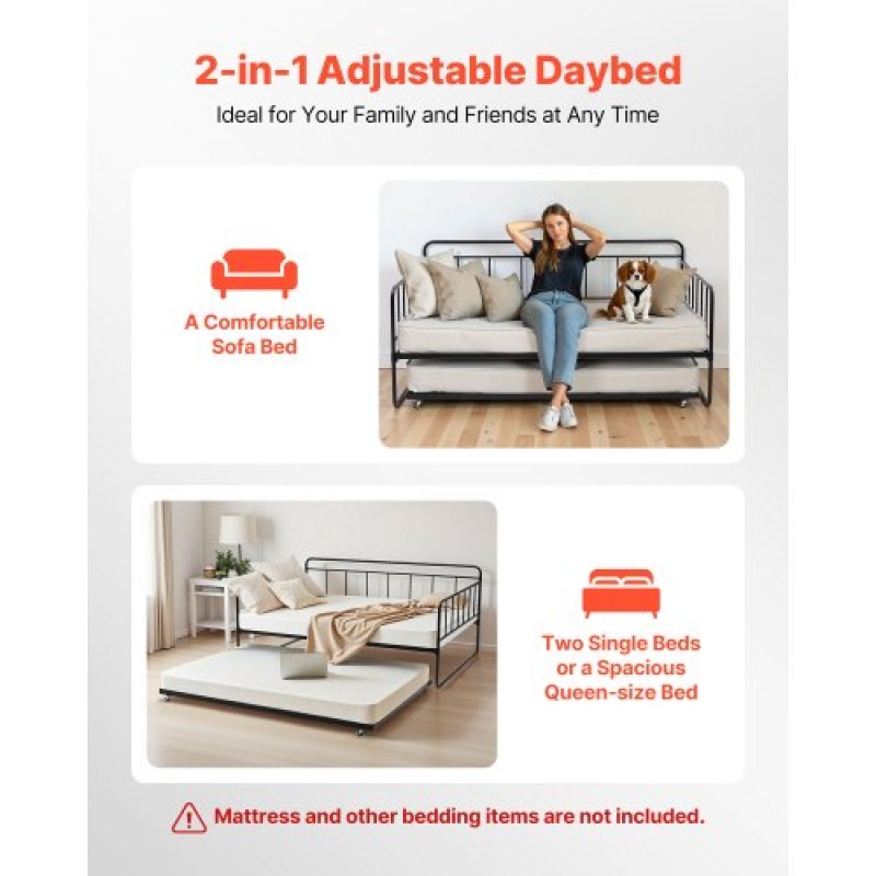 VEVOR Πλαίσιο Daybed πλήρους μεγέθους, Κρεβάτι ημέρας με τρούλο, Πλαίσιο κρεβατιού με μεταλλική πλατφόρμα βαρέως τύπου, Πλήρες ανάκλιντρο με μεταλλικές ράγες Στήριξη για σαλόνι, κρεβατοκάμαρα, ξενώνας, εύκολη συναρμολόγηση, μαύρο