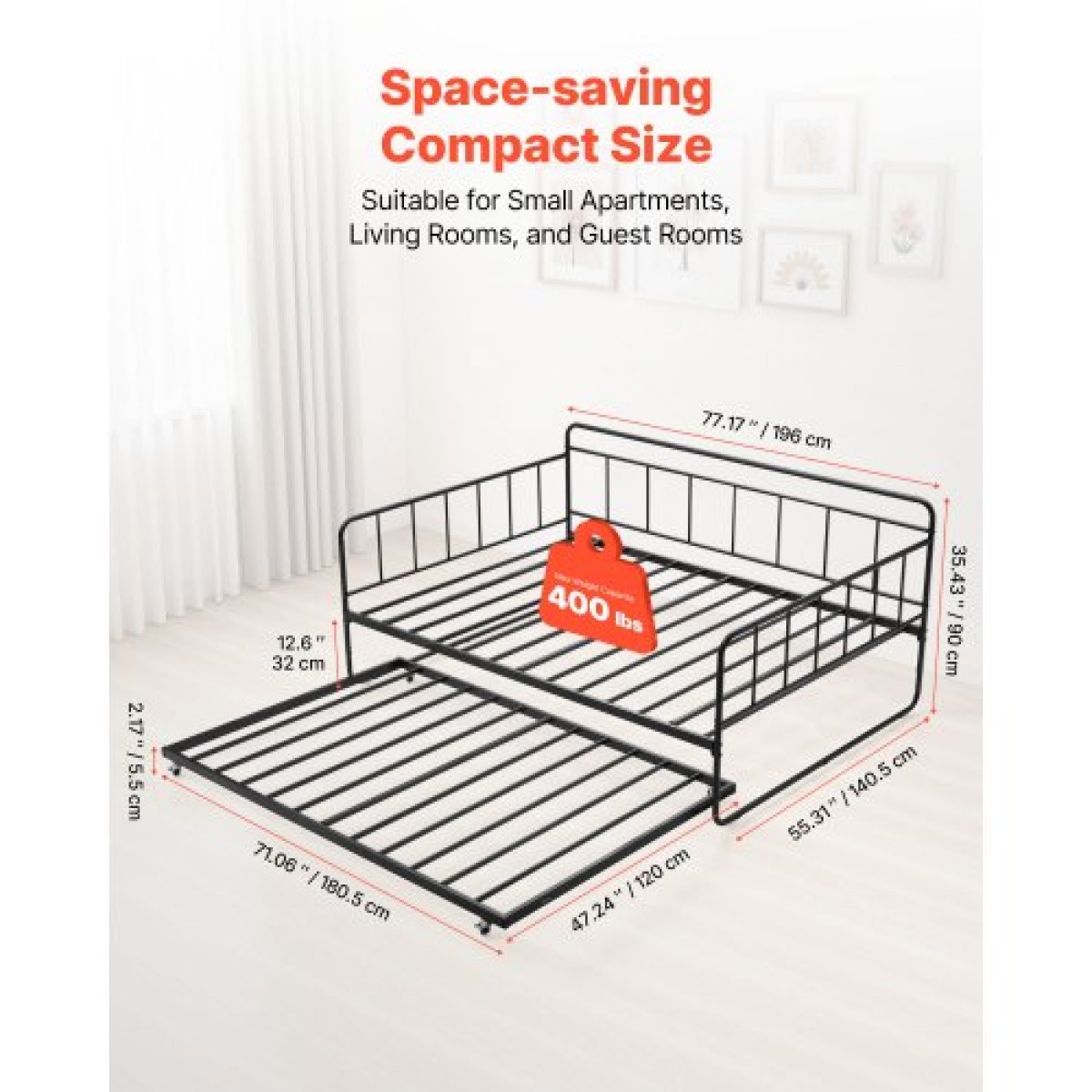 VEVOR Πλαίσιο Daybed πλήρους μεγέθους, Κρεβάτι ημέρας με τρούλο, Πλαίσιο κρεβατιού με μεταλλική πλατφόρμα βαρέως τύπου, Πλήρες ανάκλιντρο με μεταλλικές ράγες Στήριξη για σαλόνι, κρεβατοκάμαρα, ξενώνας, εύκολη συναρμολόγηση, μαύρο