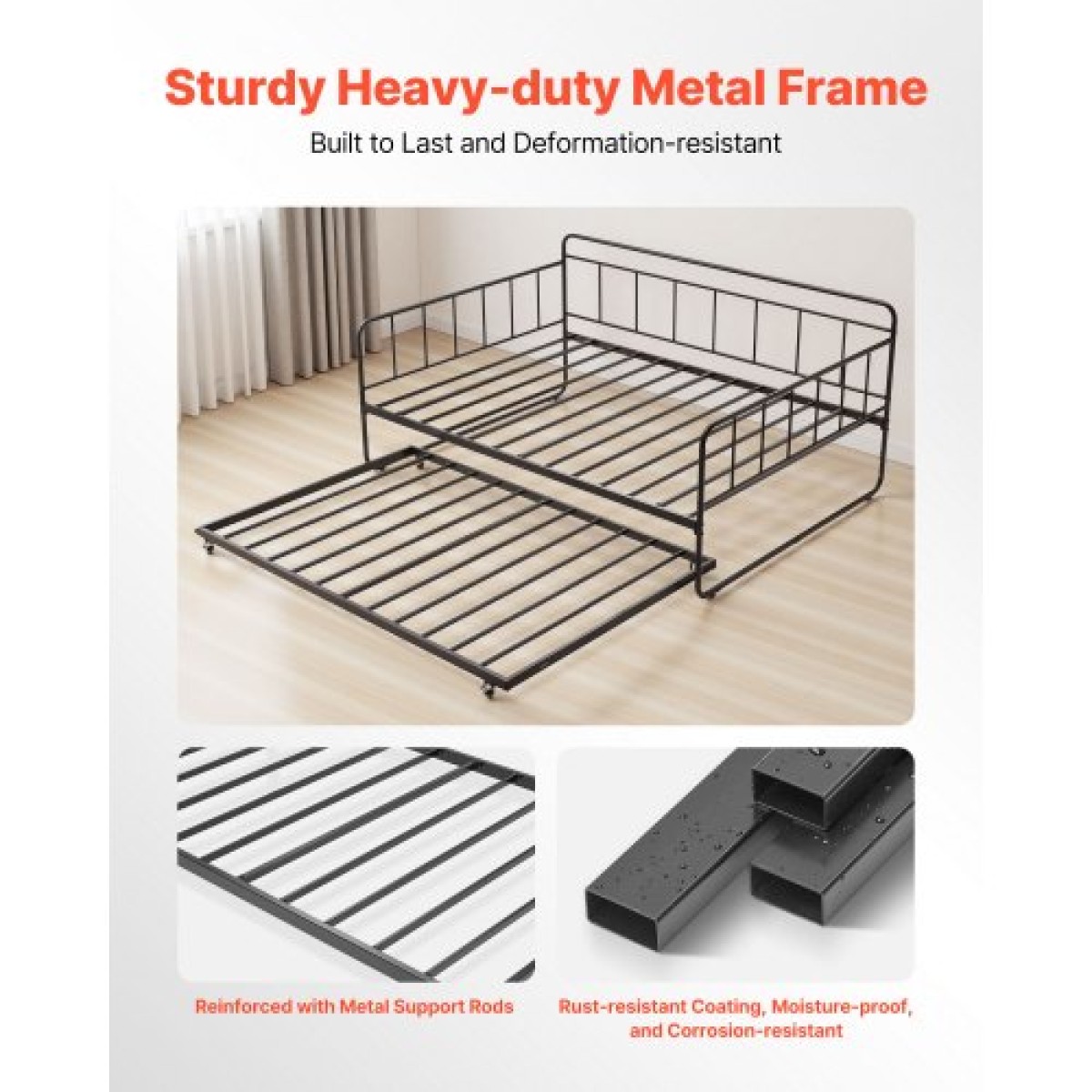 VEVOR Πλαίσιο Daybed πλήρους μεγέθους, Κρεβάτι ημέρας με τρούλο, Πλαίσιο κρεβατιού με μεταλλική πλατφόρμα βαρέως τύπου, Πλήρες ανάκλιντρο με μεταλλικές ράγες Στήριξη για σαλόνι, κρεβατοκάμαρα, ξενώνας, εύκολη συναρμολόγηση, μαύρο