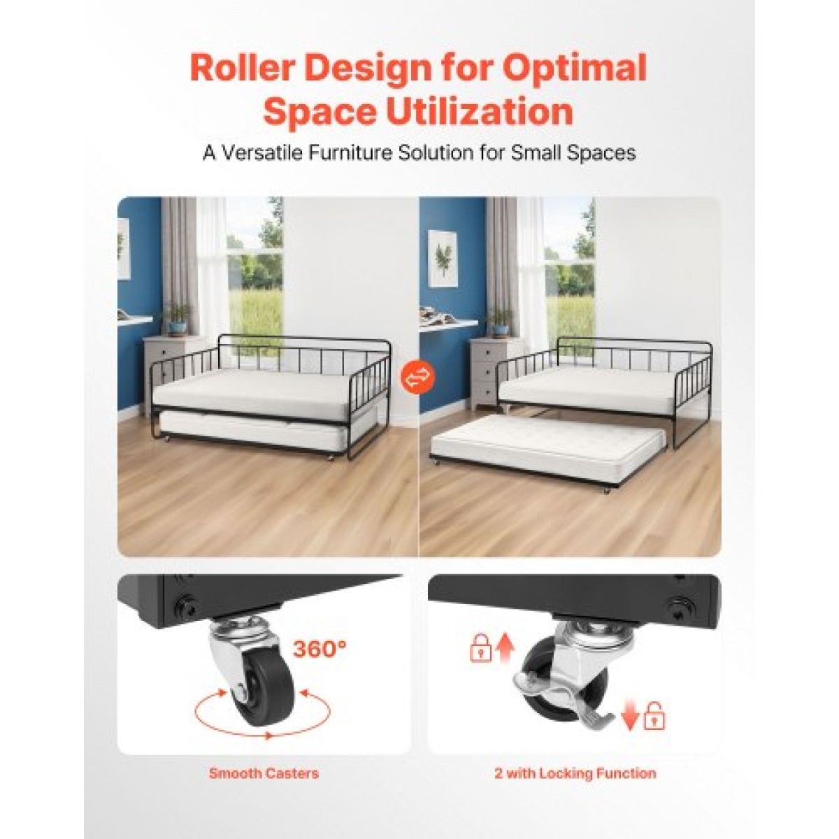 VEVOR Πλαίσιο Daybed πλήρους μεγέθους, Κρεβάτι ημέρας με τρούλο, Πλαίσιο κρεβατιού με μεταλλική πλατφόρμα βαρέως τύπου, Πλήρες ανάκλιντρο με μεταλλικές ράγες Στήριξη για σαλόνι, κρεβατοκάμαρα, ξενώνας, εύκολη συναρμολόγηση, μαύρο