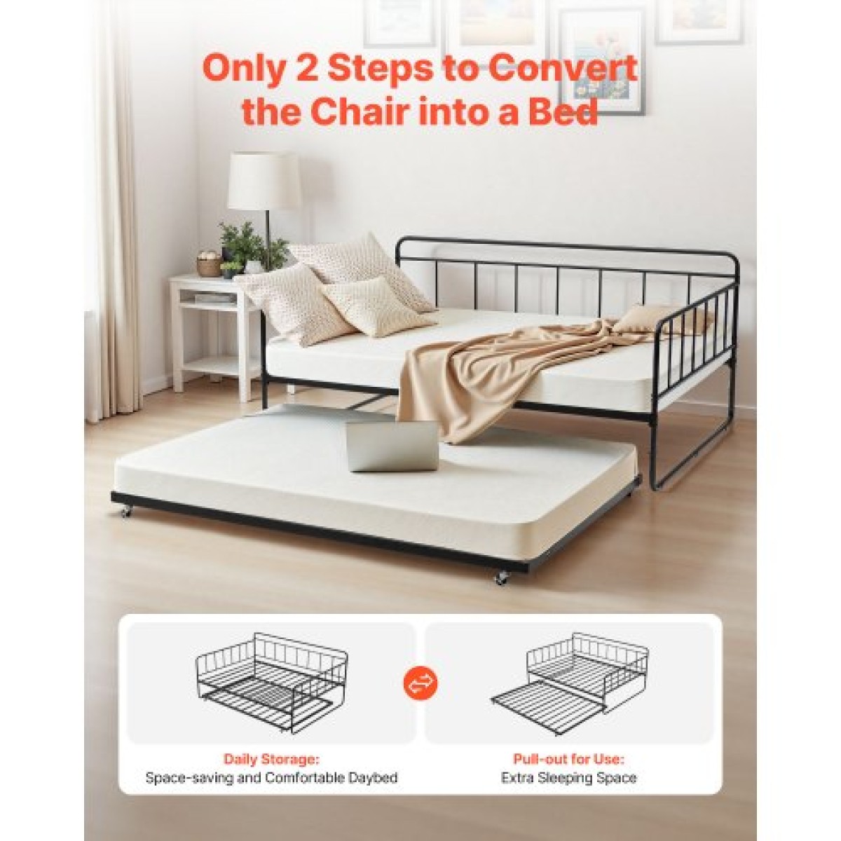 VEVOR Πλαίσιο Daybed πλήρους μεγέθους, Κρεβάτι ημέρας με τρούλο, Πλαίσιο κρεβατιού με μεταλλική πλατφόρμα βαρέως τύπου, Πλήρες ανάκλιντρο με μεταλλικές ράγες Στήριξη για σαλόνι, κρεβατοκάμαρα, ξενώνας, εύκολη συναρμολόγηση, μαύρο