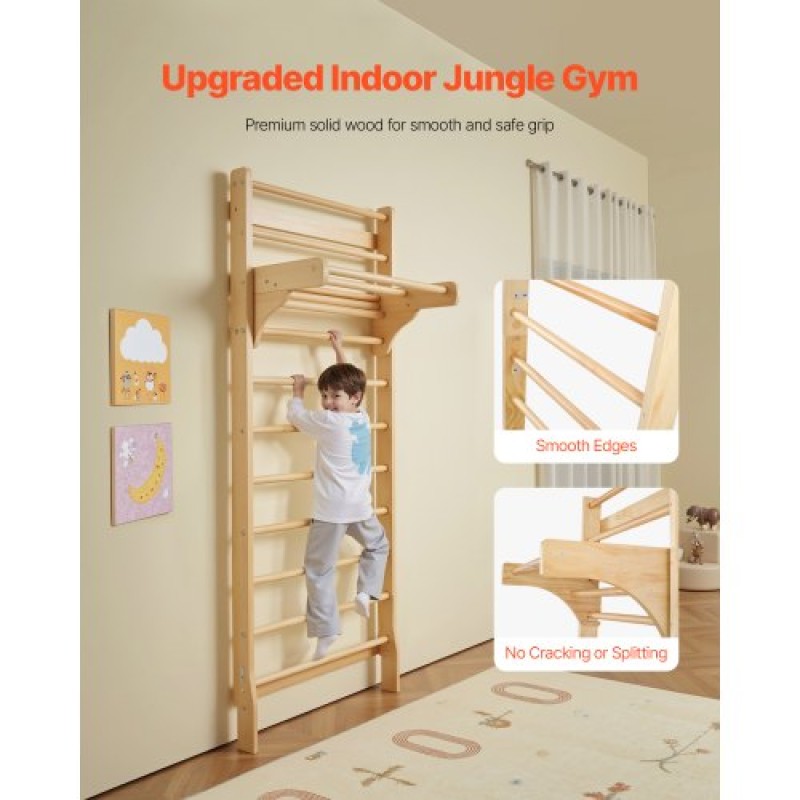 VEVOR Swedish Ladder Wall Gym, 10-Level Solid Wood Indoor Jungle Gym, 220lbs Loading Indoor Playground Climbing Ladder for Kid Adults, Gymnastic Stall Bars with Pull-Up Bar - Ιδανικό δώρο για αγόρια κορίτσια
