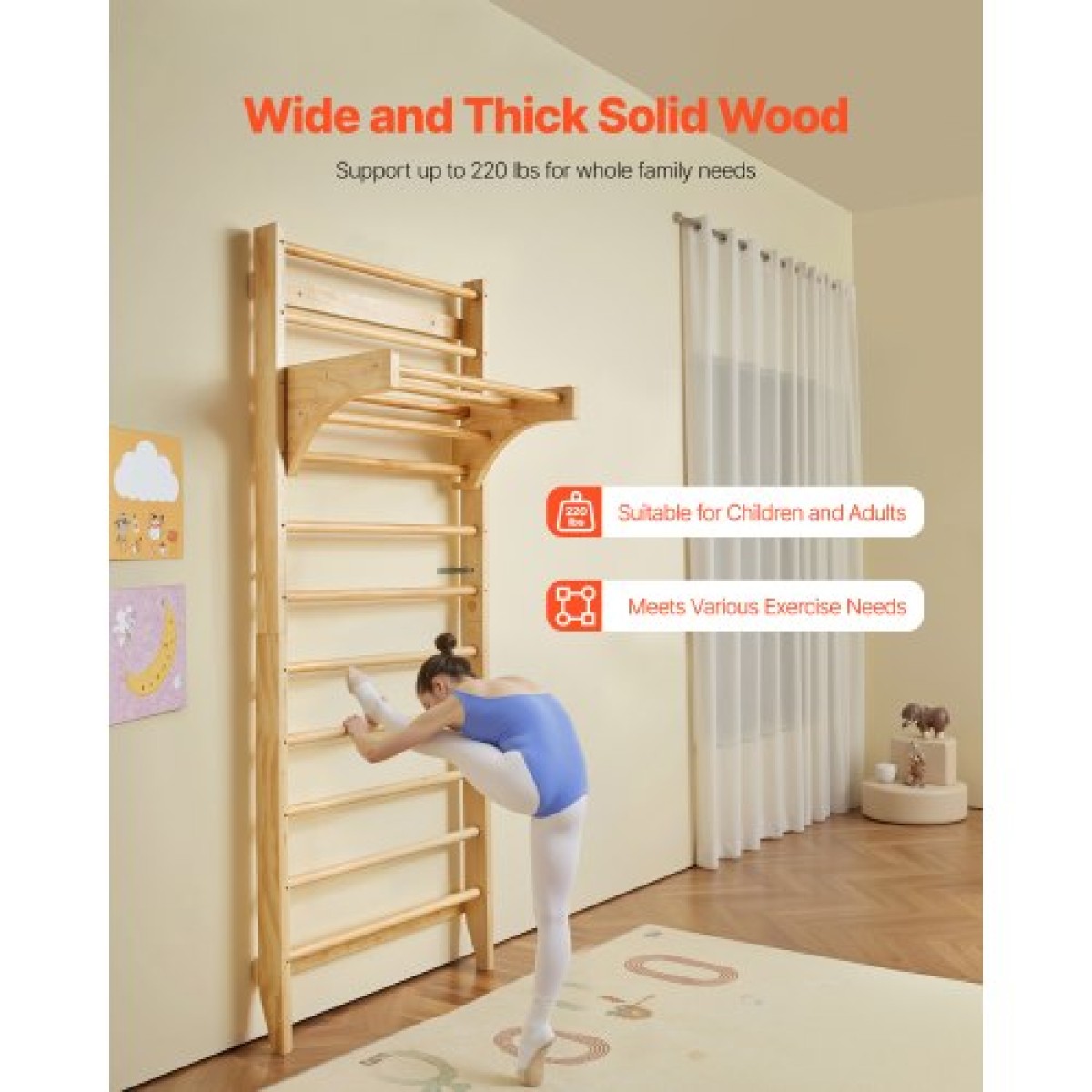 VEVOR Swedish Ladder Wall Gym, 10-Level Solid Wood Indoor Jungle Gym, 220lbs Loading Indoor Playground Climbing Ladder for Kid Adults, Gymnastic Stall Bars with Pull-Up Bar - Ιδανικό δώρο για αγόρια κορίτσια