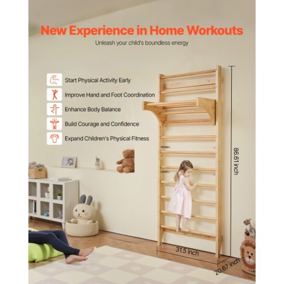 VEVOR Swedish Ladder Wall Gym, 10-Level Solid Wood Indoor Jungle Gym, 220lbs Loading Indoor Playground Climbing Ladder for Kid Adults, Gymnastic Stall Bars with Pull-Up Bar - Ιδανικό δώρο για αγόρια κορίτσια