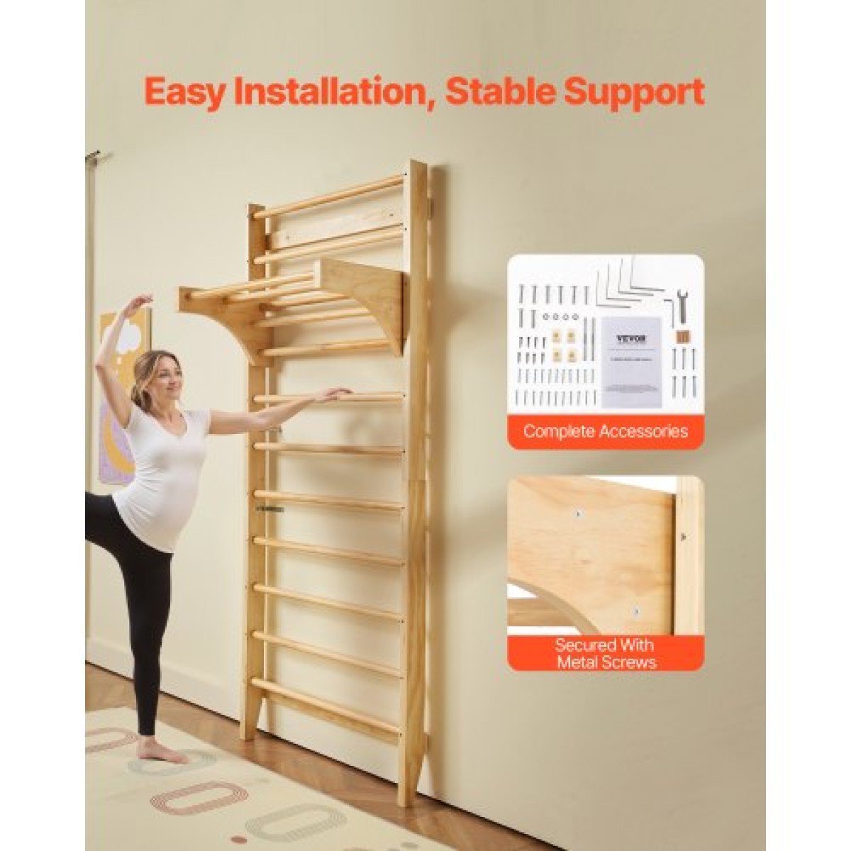 VEVOR Swedish Ladder Wall Gym, 10-Level Solid Wood Indoor Jungle Gym, 220lbs Loading Indoor Playground Climbing Ladder for Kid Adults, Gymnastic Stall Bars with Pull-Up Bar - Ιδανικό δώρο για αγόρια κορίτσια