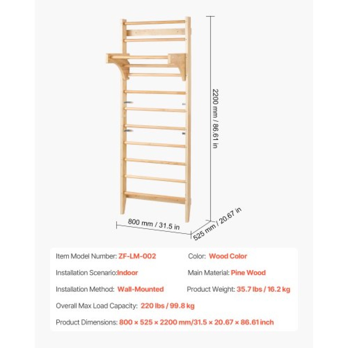 VEVOR Swedish Ladder Wall Gym, 10-Level Solid Wood Indoor Jungle Gym, 220lbs Loading Indoor Playground Climbing Ladder for Kid Adults, Gymnastic Stall Bars with Pull-Up Bar - Ιδανικό δώρο για αγόρια κορίτσια