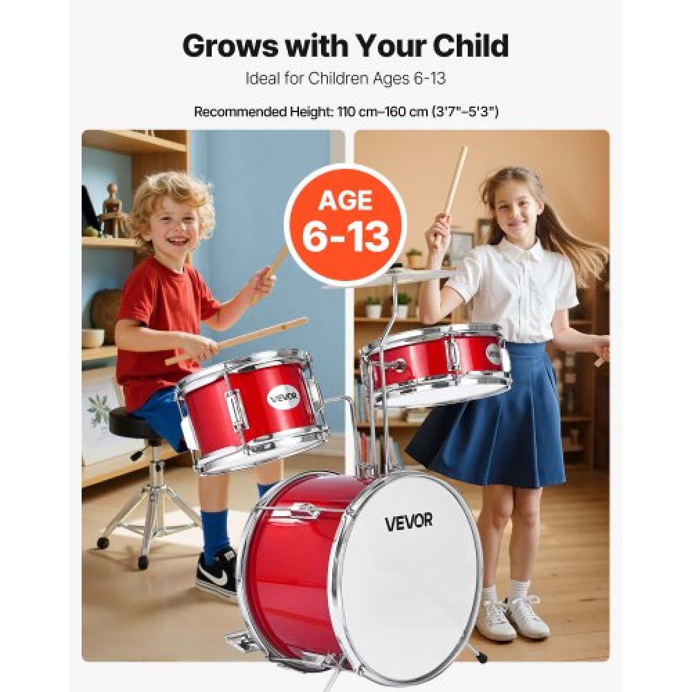 VEVOR Kids Drum Set, 3 τεμαχίων 14 ιντσών / 355,6 mm Junior Drum Set, Σετ τύμπανων για αρχάριους με ρυθμιζόμενο θρόνο και δύο ζευγάρια τύμπανα, κιτ οργάνων για τύμπανα μουσικής εκμάθησης, για παιδιά 6-13 ετών (Κόκκινο)