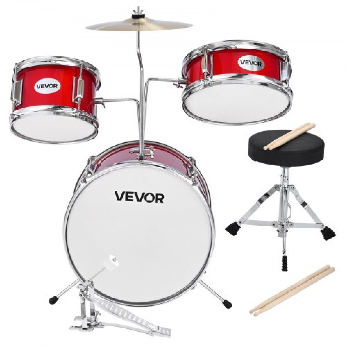 VEVOR Kids Drum Set, 3 τεμαχίων 14 ιντσών / 355,6 mm Junior Drum Set, Σετ τύμπανων για αρχάριους με ρυθμιζόμενο θρόνο και δύο ζευγάρια τύμπανα, κιτ οργάνων για τύμπανα μουσικής εκμάθησης, για παιδιά 6-13 ετών (Κόκκινο)