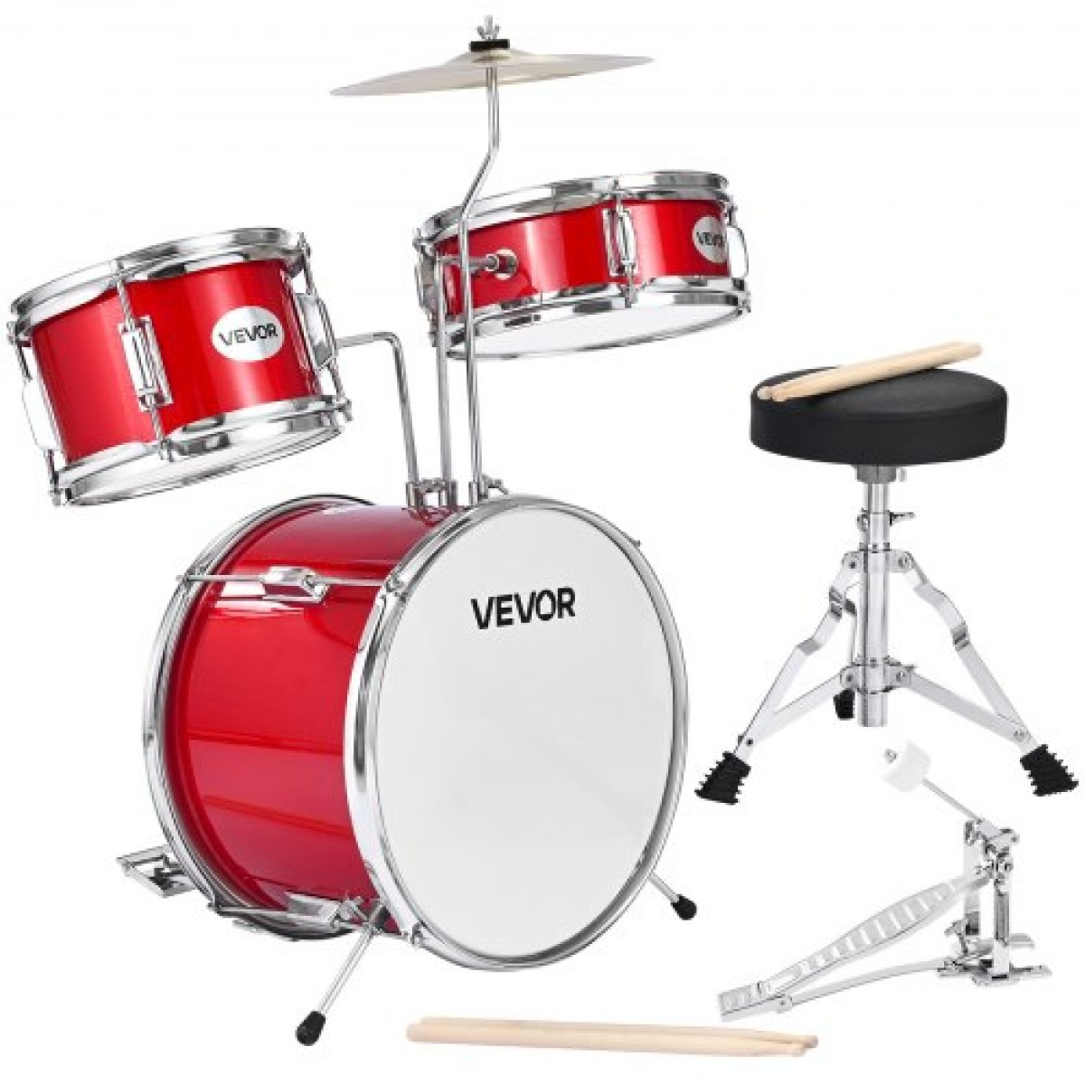 VEVOR Kids Drum Set, 3 τεμαχίων 14 ιντσών / 355,6 mm Junior Drum Set, Σετ τύμπανων για αρχάριους με ρυθμιζόμενο θρόνο και δύο ζευγάρια τύμπανα, κιτ οργάνων για τύμπανα μουσικής εκμάθησης, για παιδιά 6-13 ετών (Κόκκινο)