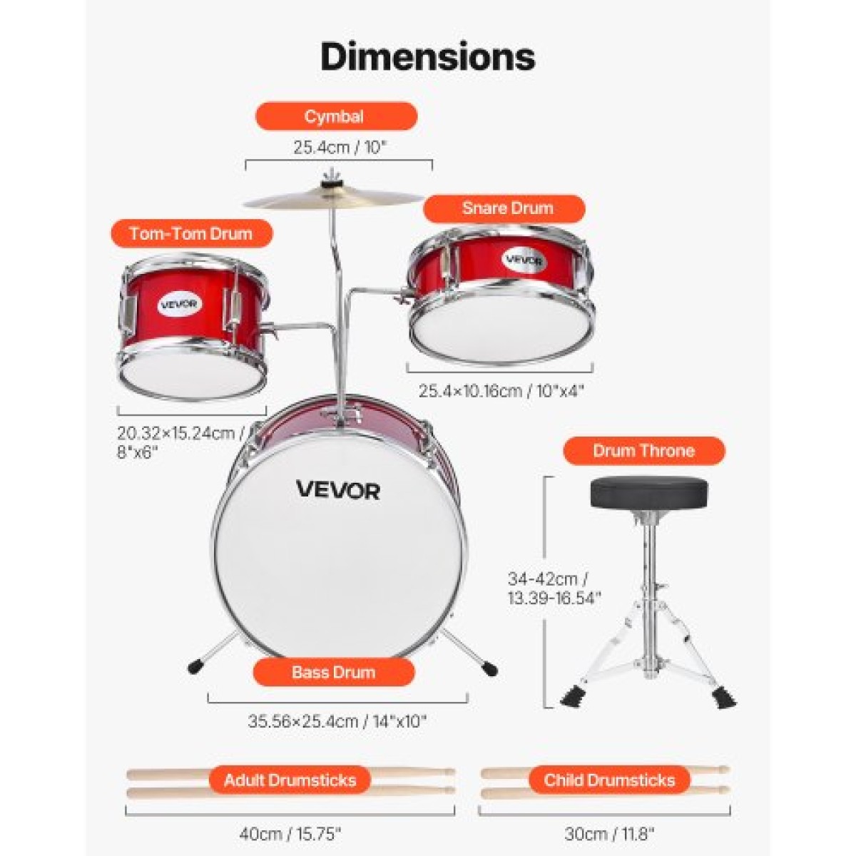 VEVOR Kids Drum Set, 3 τεμαχίων 14 ιντσών / 355,6 mm Junior Drum Set, Σετ τύμπανων για αρχάριους με ρυθμιζόμενο θρόνο και δύο ζευγάρια τύμπανα, κιτ οργάνων για τύμπανα μουσικής εκμάθησης, για παιδιά 6-13 ετών (Κόκκινο)