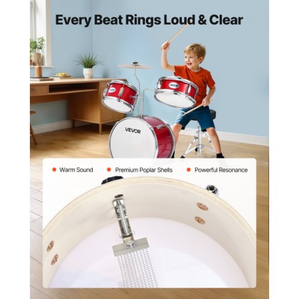 VEVOR Kids Drum Set, 3 τεμαχίων 14 ιντσών / 355,6 mm Junior Drum Set, Σετ τύμπανων για αρχάριους με ρυθμιζόμενο θρόνο και δύο ζευγάρια τύμπανα, κιτ οργάνων για τύμπανα μουσικής εκμάθησης, για παιδιά 6-13 ετών (Κόκκινο)