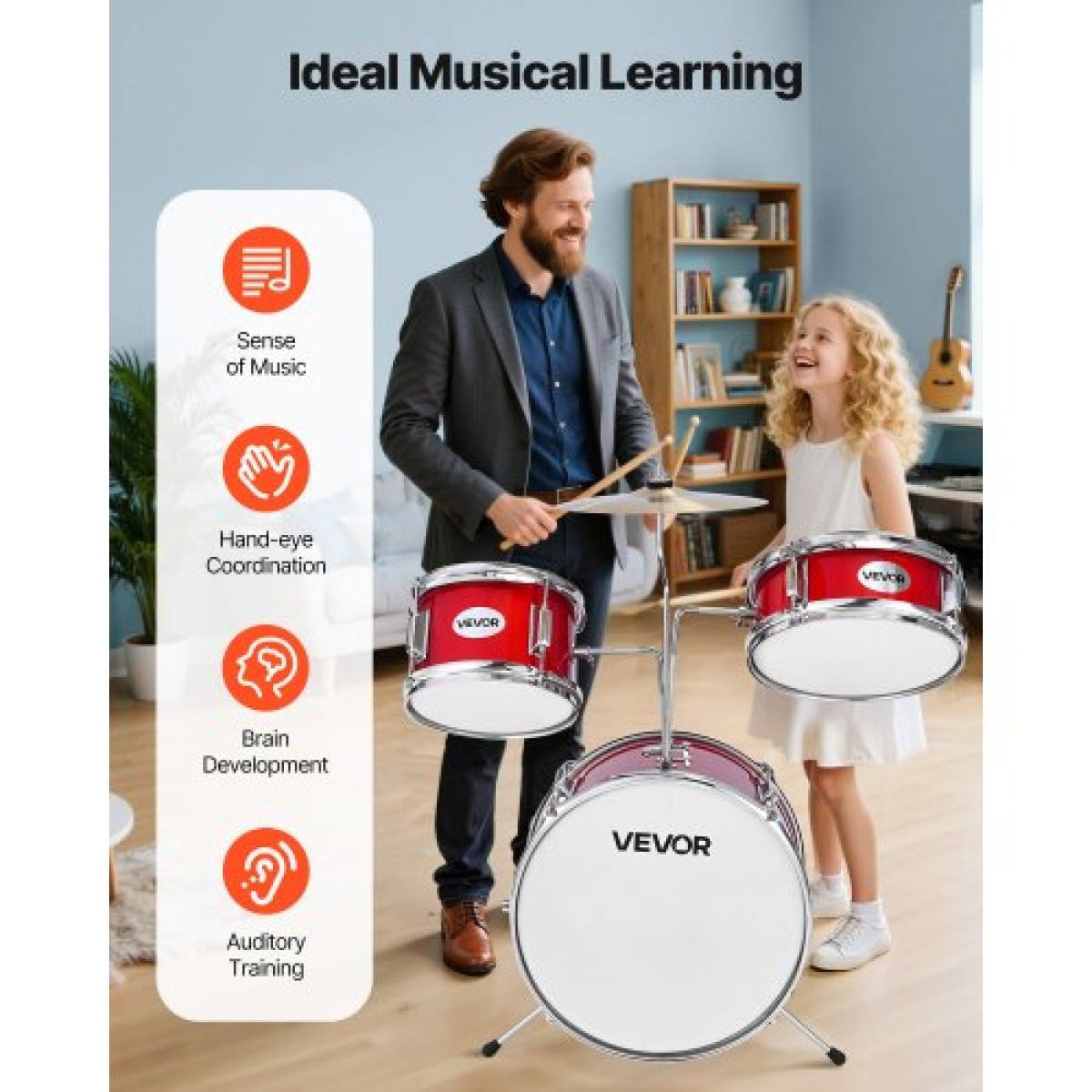 VEVOR Kids Drum Set, 3 τεμαχίων 14 ιντσών / 355,6 mm Junior Drum Set, Σετ τύμπανων για αρχάριους με ρυθμιζόμενο θρόνο και δύο ζευγάρια τύμπανα, κιτ οργάνων για τύμπανα μουσικής εκμάθησης, για παιδιά 6-13 ετών (Κόκκινο)