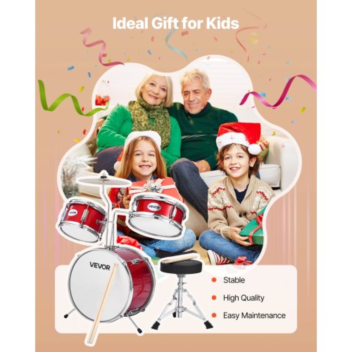 VEVOR Kids Drum Set, 3 τεμαχίων 14 ιντσών / 355,6 mm Junior Drum Set, Σετ τύμπανων για αρχάριους με ρυθμιζόμενο θρόνο και δύο ζευγάρια τύμπανα, κιτ οργάνων για τύμπανα μουσικής εκμάθησης, για παιδιά 6-13 ετών (Κόκκινο)
