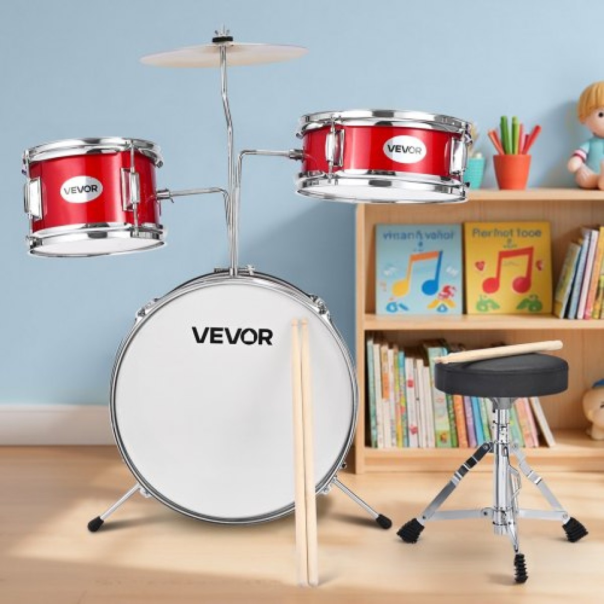 VEVOR Kids Drum Set, 3 τεμαχίων 14 ιντσών / 355,6 mm Junior Drum Set, Σετ τύμπανων για αρχάριους με ρυθμιζόμενο θρόνο και δύο ζευγάρια τύμπανα, κιτ οργάνων για τύμπανα μουσικής εκμάθησης, για παιδιά 6-13 ετών (Κόκκινο)