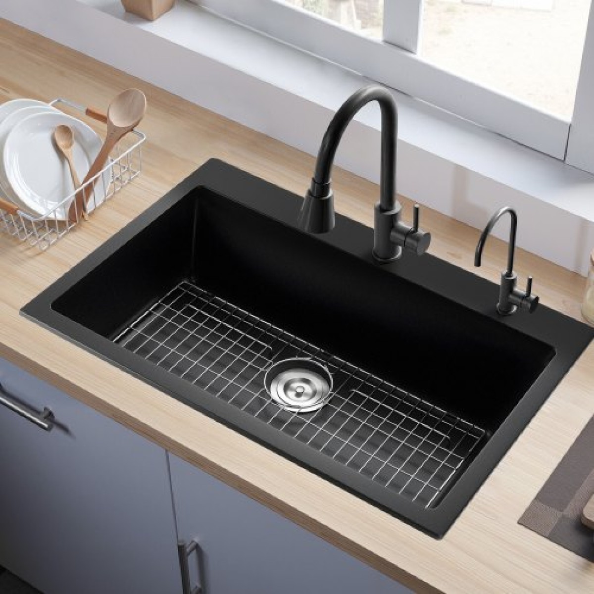 Σταθμός εργασίας νεροχύτη κουζίνας VEVOR 84 cm, νεροχύτες από γρανίτη Top Mount, Λεκάνη αγροικίας με μονό μπολ με πολλά εξαρτήματα, νεροχύτες οικιακού πλυντηρίου πιάτων για RV, Prep Kitchen και Bar (Μαύρο)