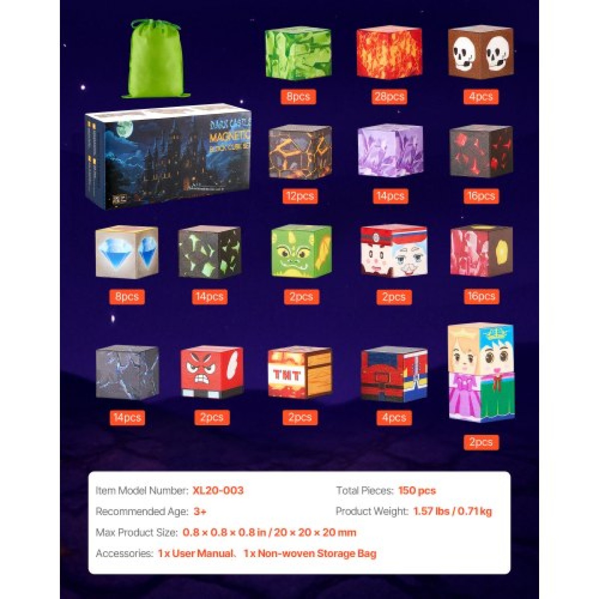 VEVOR Magnetic Blocks, 150 PCS Dark Castle Set, Magnetic Building Cubes for Children, STEM Montessori Sensory Toys για Χριστουγεννιάτικο δώρο γενεθλίων, Κατασκευαστικό παιχνίδι στοίβαξης για αγόρια και κορίτσια 3+ ετών