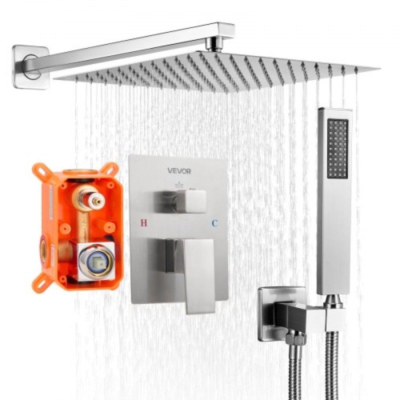 VEVOR Shower Faucet Set 12" Square Rain Shower Head and Hand Set Brushed Nickel