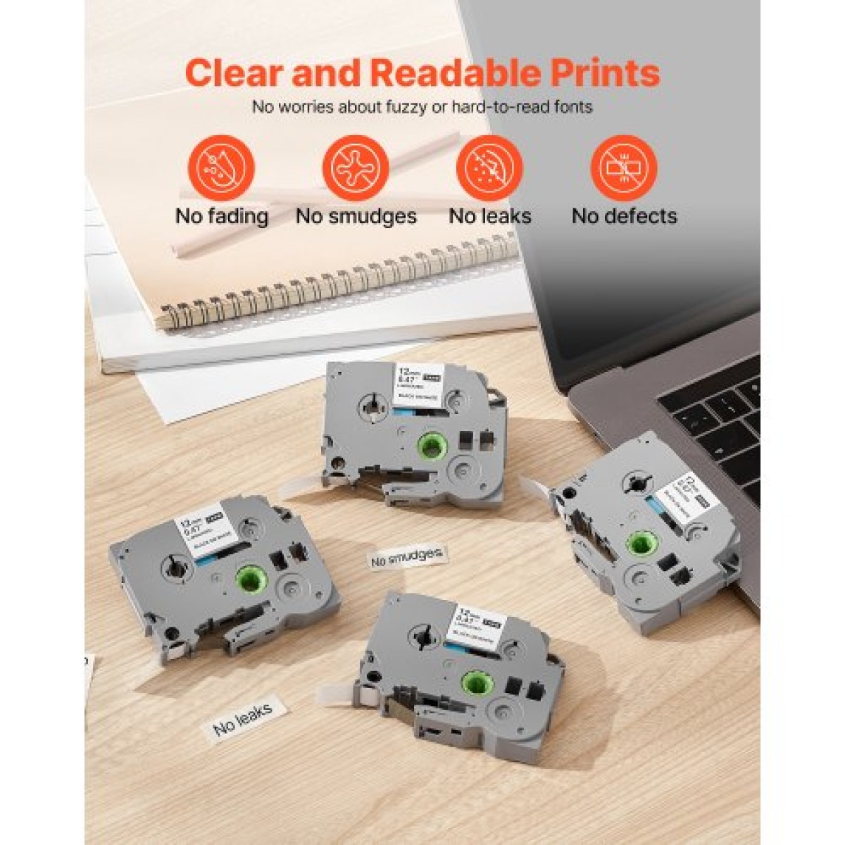 Ταινία VEVOR Label Maker Tape, 4 Pack, 0,47 in / 12 mm Μαύρο σε λευκό Ανταλλακτικά Label Maker Συμβατά για διάφορους τύπους ετικετών Brother P-Touch, ανθεκτικά και μακράς διαρκείας, αντικατάσταση για Letra Tag TZe-231