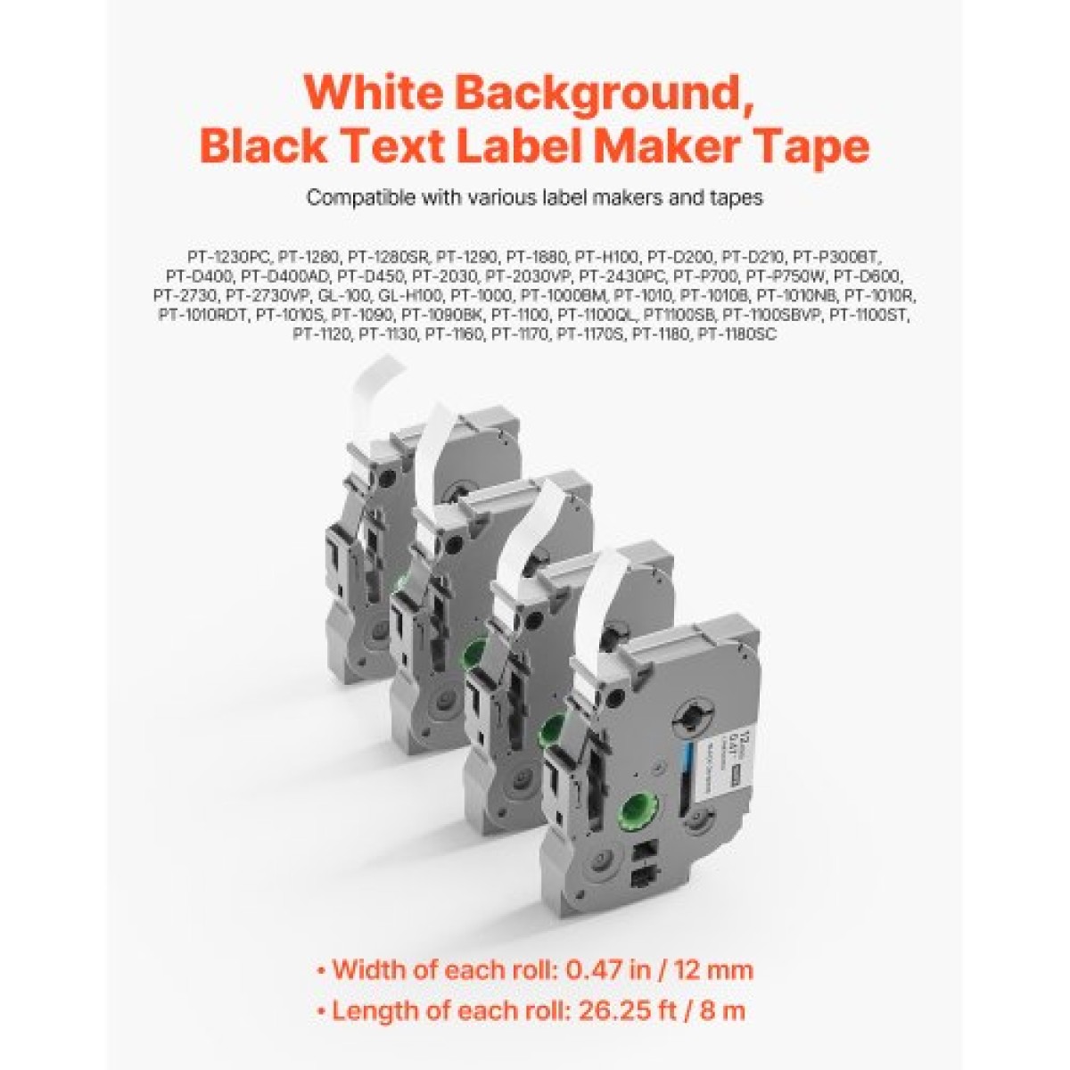 Ταινία VEVOR Label Maker Tape, 4 Pack, 0,47 in / 12 mm Μαύρο σε λευκό Ανταλλακτικά Label Maker Συμβατά για διάφορους τύπους ετικετών Brother P-Touch, ανθεκτικά και μακράς διαρκείας, αντικατάσταση για Letra Tag TZe-231
