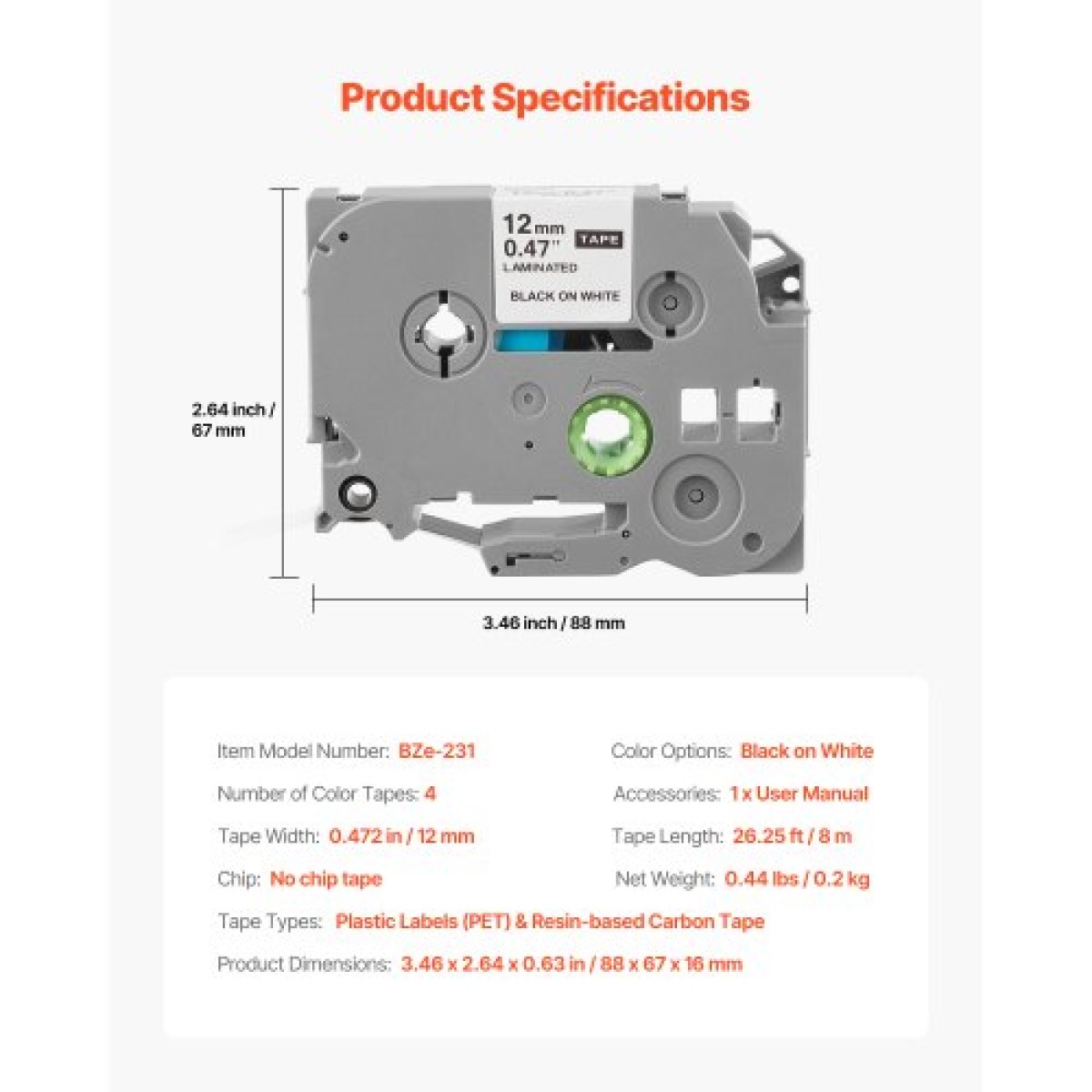 Ταινία VEVOR Label Maker Tape, 4 Pack, 0,47 in / 12 mm Μαύρο σε λευκό Ανταλλακτικά Label Maker Συμβατά για διάφορους τύπους ετικετών Brother P-Touch, ανθεκτικά και μακράς διαρκείας, αντικατάσταση για Letra Tag TZe-231