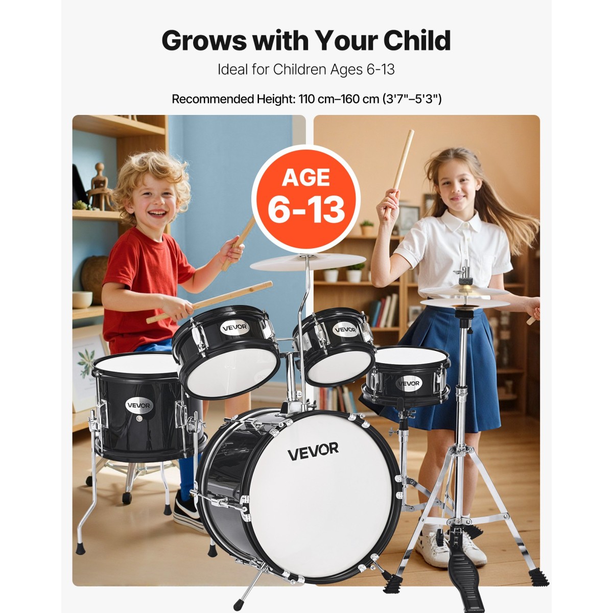 VEVOR Kids Drum Set, 5 τεμαχίων 14 ιντσών / 355,6 mm Junior Drum set, σετ ντραμς για αρχάριους με ρυθμιζόμενο θρόνο και δύο ζευγάρια τύμπανα, κιτ οργάνων για τύμπανα μουσικής εκμάθησης, για παιδιά ηλικίας 6-13 (Μαύρο)