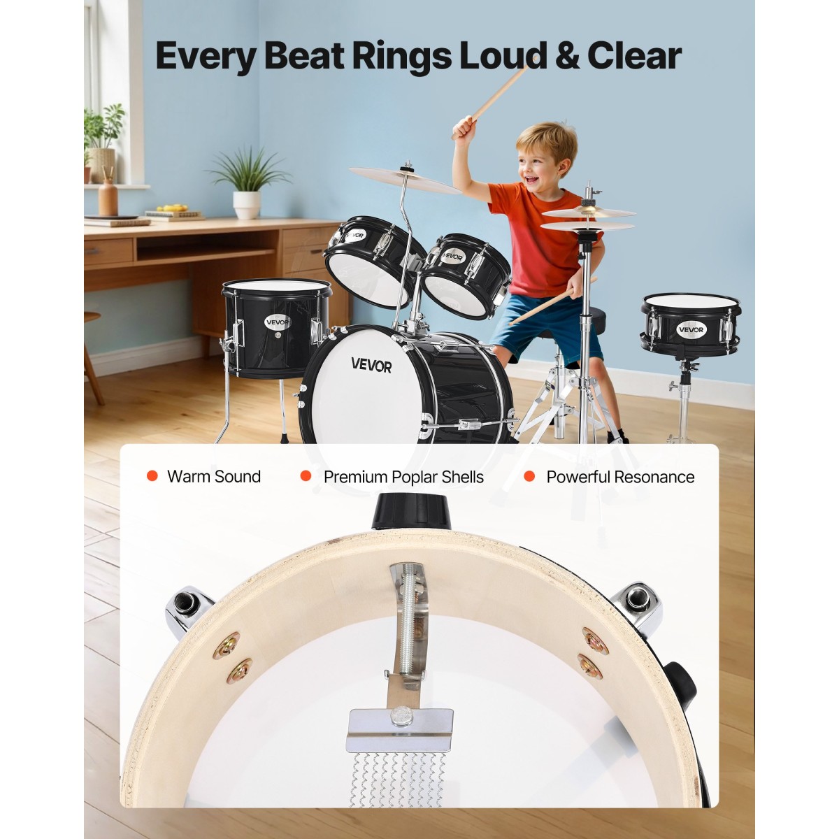 VEVOR Kids Drum Set, 5 τεμαχίων 14 ιντσών / 355,6 mm Junior Drum set, σετ ντραμς για αρχάριους με ρυθμιζόμενο θρόνο και δύο ζευγάρια τύμπανα, κιτ οργάνων για τύμπανα μουσικής εκμάθησης, για παιδιά ηλικίας 6-13 (Μαύρο)