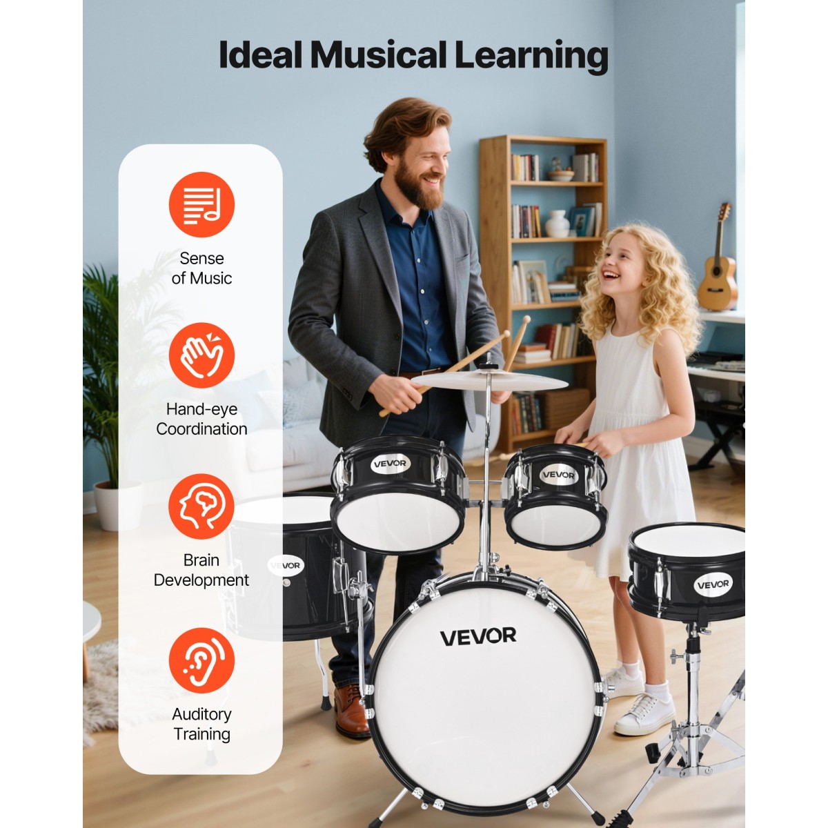 VEVOR Kids Drum Set, 5 τεμαχίων 14 ιντσών / 355,6 mm Junior Drum set, σετ ντραμς για αρχάριους με ρυθμιζόμενο θρόνο και δύο ζευγάρια τύμπανα, κιτ οργάνων για τύμπανα μουσικής εκμάθησης, για παιδιά ηλικίας 6-13 (Μαύρο)