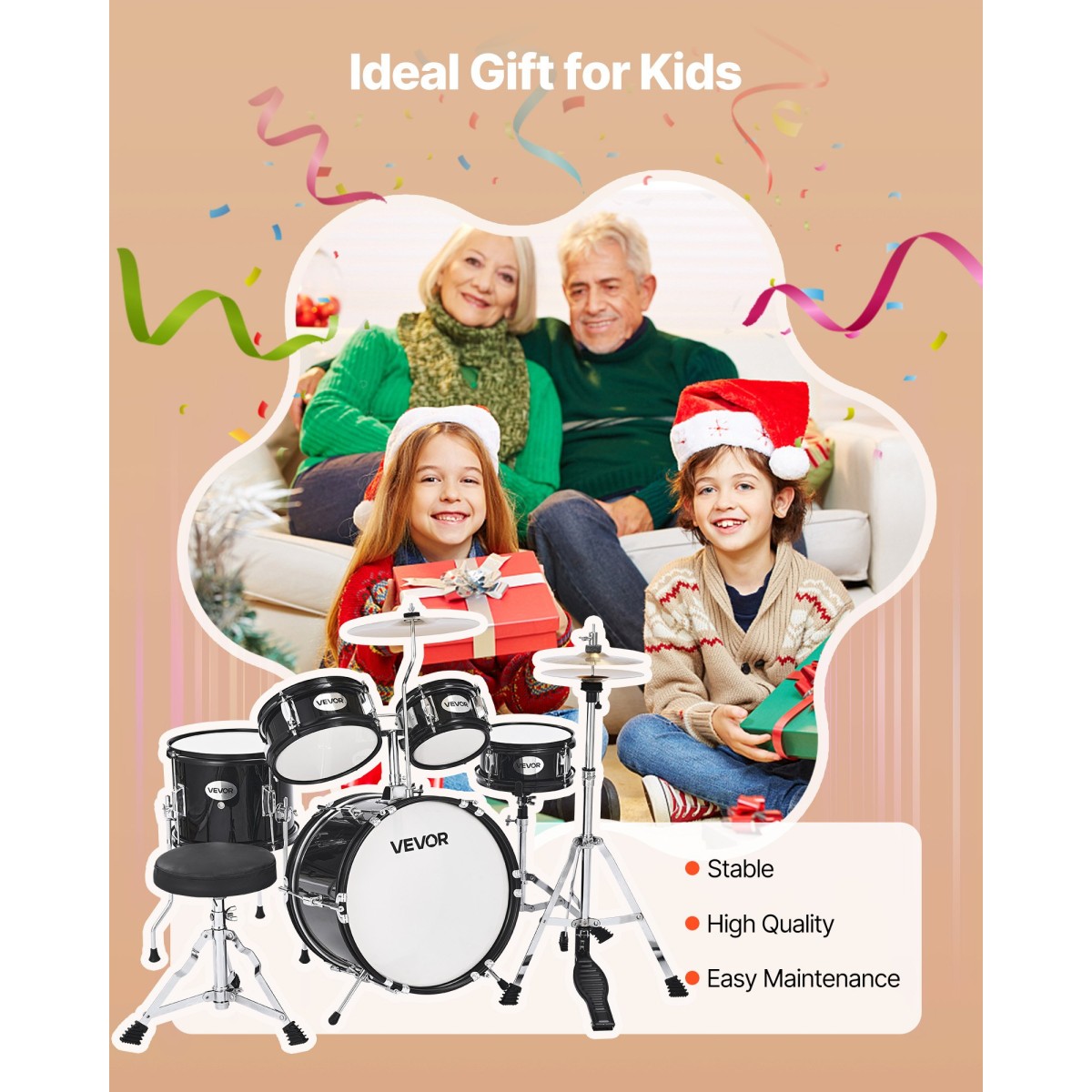 VEVOR Kids Drum Set, 5 τεμαχίων 14 ιντσών / 355,6 mm Junior Drum set, σετ ντραμς για αρχάριους με ρυθμιζόμενο θρόνο και δύο ζευγάρια τύμπανα, κιτ οργάνων για τύμπανα μουσικής εκμάθησης, για παιδιά ηλικίας 6-13 (Μαύρο)