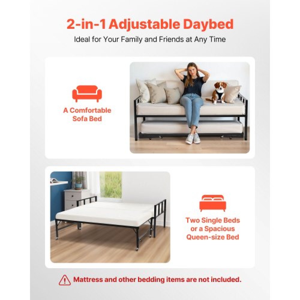 Πλαίσιο Daybed VEVOR Twin Size, Day Bed with Trundle, Heavy Duty Metal Platform Bead Frame, Twin Day Bed with Metal Slats Support for Saving Room, Κρεβατοκάμαρα, Ξενώνας, Εύκολη συναρμολόγηση, Μαύρο
