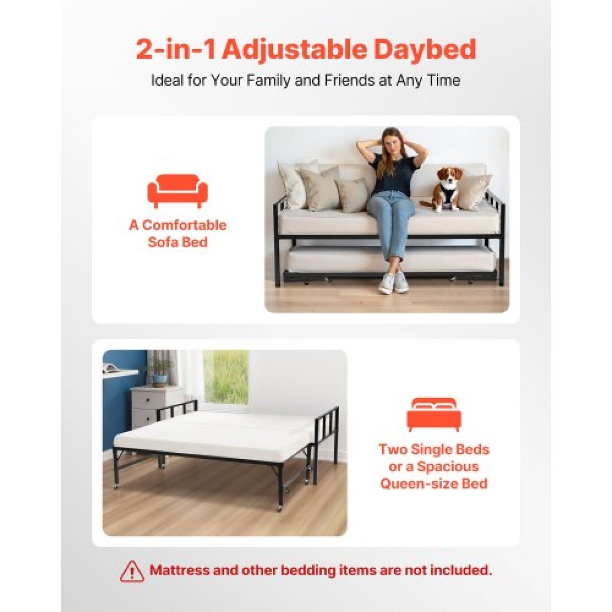 Πλαίσιο Daybed VEVOR Twin Size, Day Bed with Trundle, Heavy Duty Metal Platform Bead Frame, Twin Day Bed with Metal Slats Support for Saving Room, Κρεβατοκάμαρα, Ξενώνας, Εύκολη συναρμολόγηση, Μαύρο