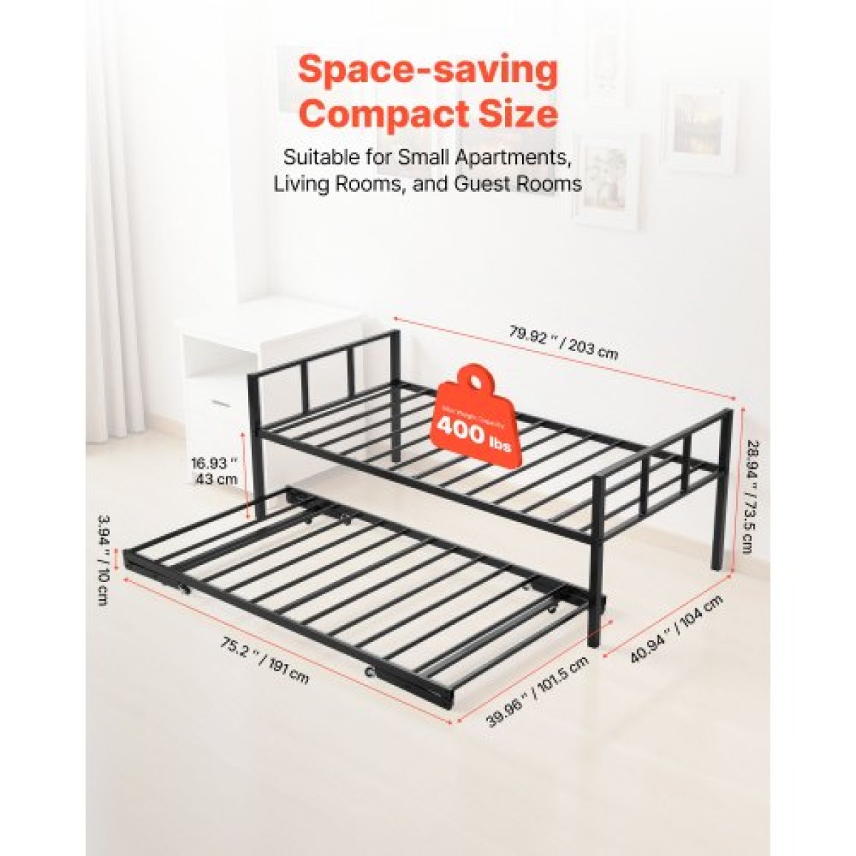 Πλαίσιο Daybed VEVOR Twin Size, Day Bed with Trundle, Heavy Duty Metal Platform Bead Frame, Twin Day Bed with Metal Slats Support for Saving Room, Κρεβατοκάμαρα, Ξενώνας, Εύκολη συναρμολόγηση, Μαύρο