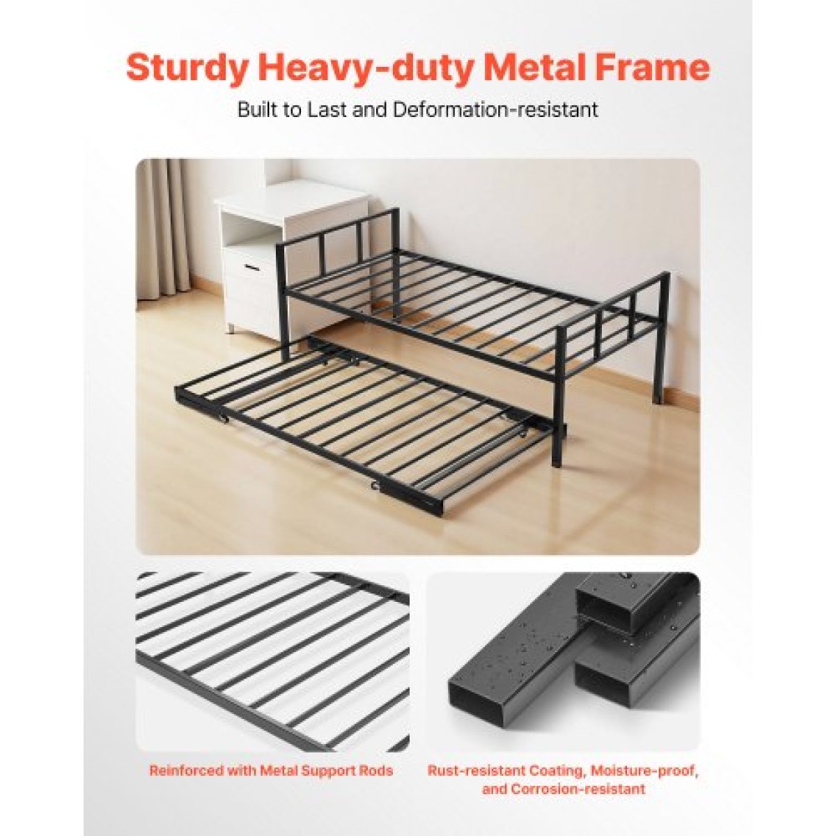 Πλαίσιο Daybed VEVOR Twin Size, Day Bed with Trundle, Heavy Duty Metal Platform Bead Frame, Twin Day Bed with Metal Slats Support for Saving Room, Κρεβατοκάμαρα, Ξενώνας, Εύκολη συναρμολόγηση, Μαύρο