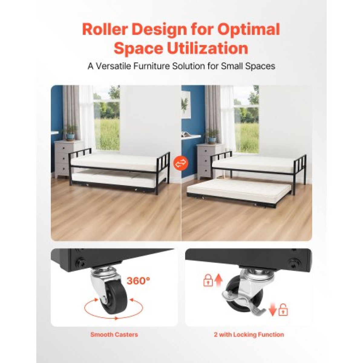 Πλαίσιο Daybed VEVOR Twin Size, Day Bed with Trundle, Heavy Duty Metal Platform Bead Frame, Twin Day Bed with Metal Slats Support for Saving Room, Κρεβατοκάμαρα, Ξενώνας, Εύκολη συναρμολόγηση, Μαύρο